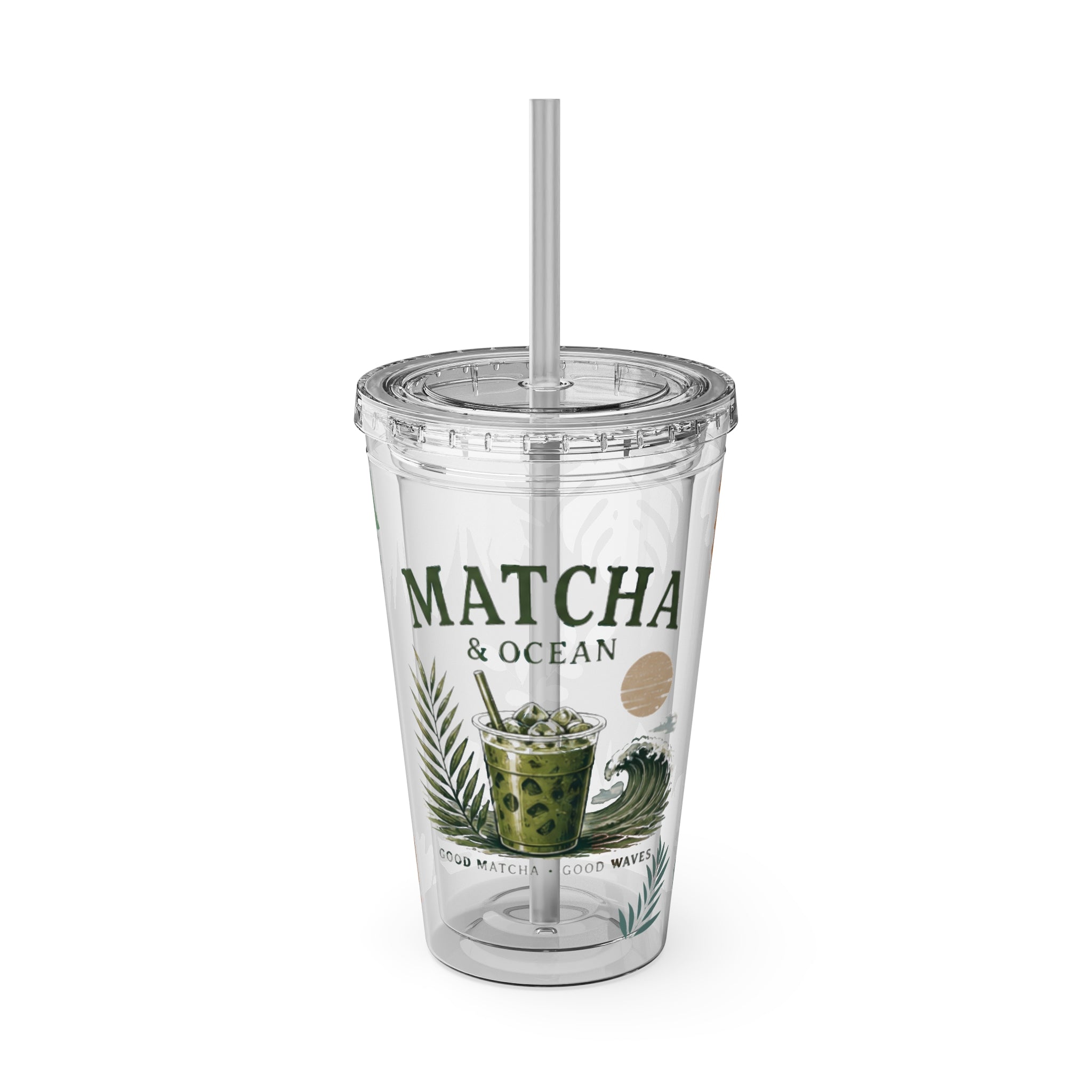 Matcha & Ocean 16oz Tumbler with Straw — Tropical Leaf Sunsplash Design