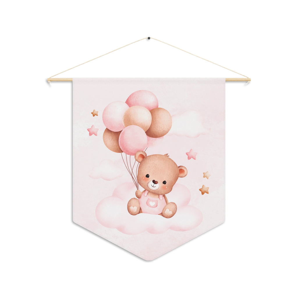 Nursery Pennant — Pink Teddy Bear with Balloons Wall Banner