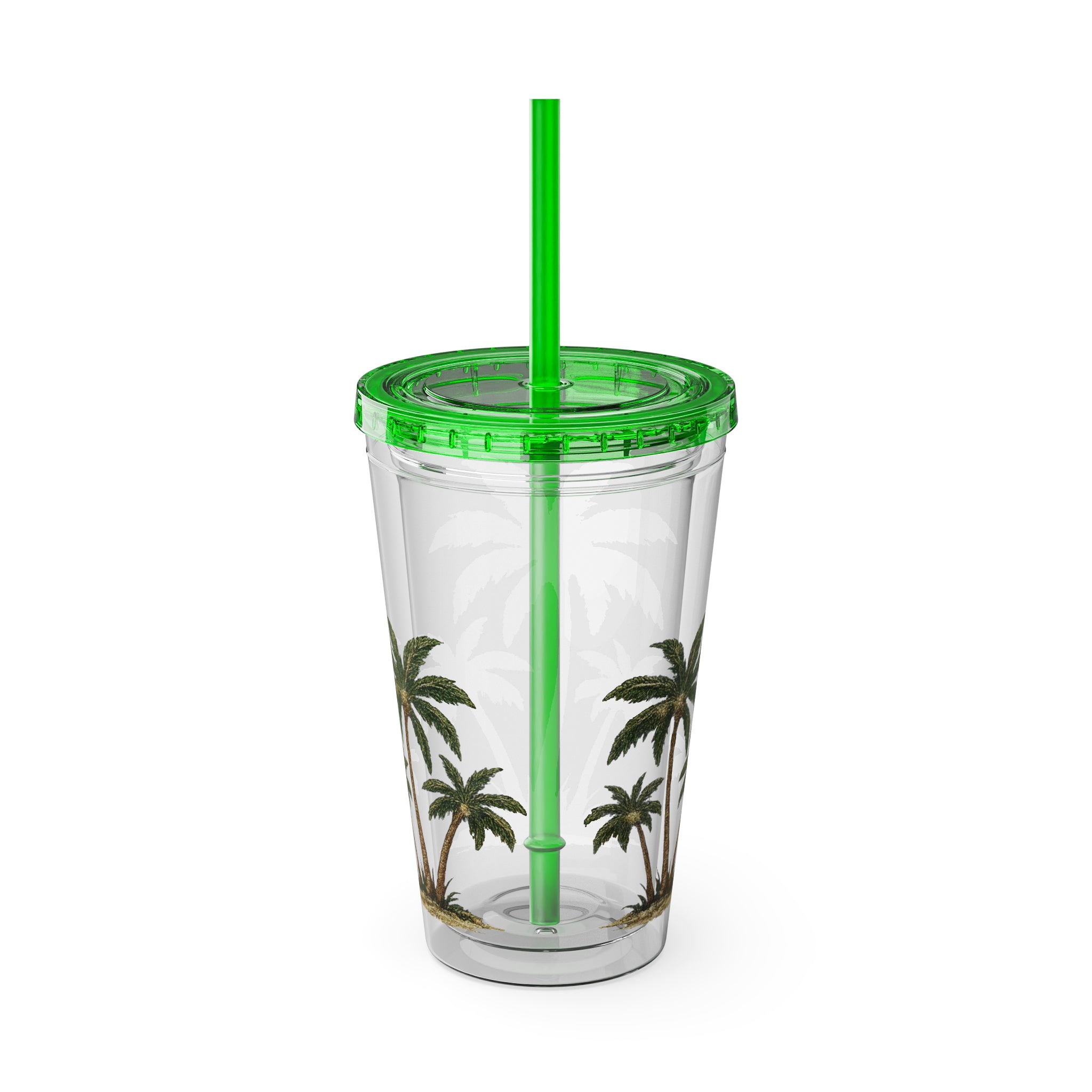 Palm Tree Tumbler — 16oz Clear Travel Cup with Straw, Tropical Sunsplash Design