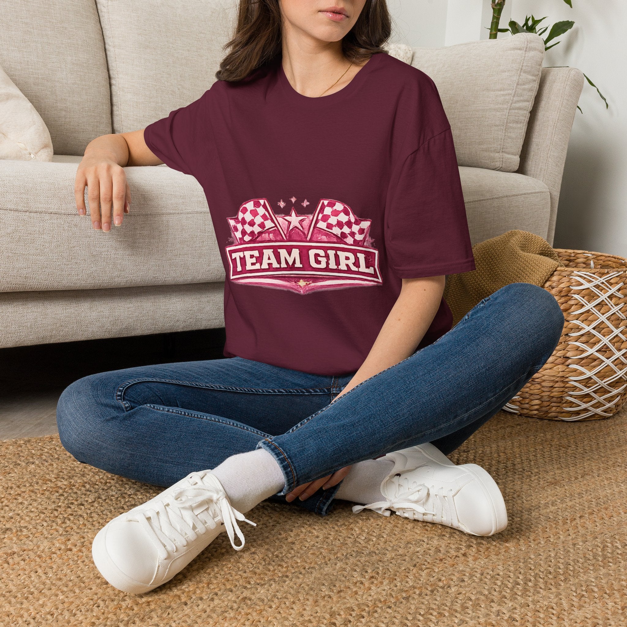 Team Girl Racing T Shirt | Pink Checkered Flags Star Emblem