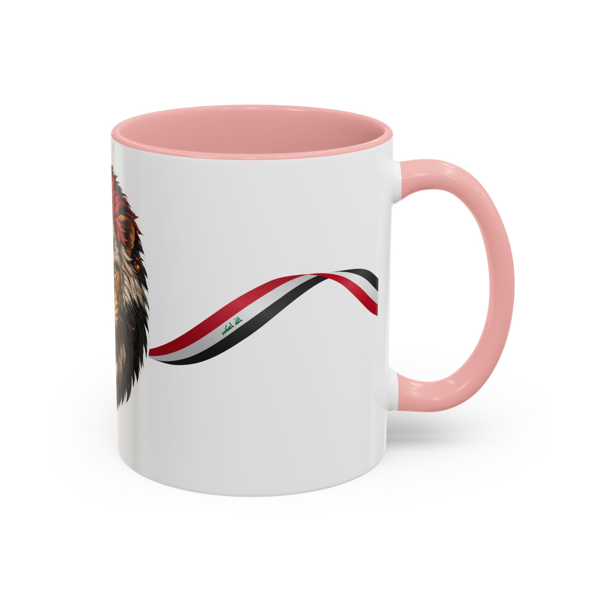 Iraq Lion Head Accent Coffee Mug with Arabic Script and Flag Ribbon – Patriotic Iraq Gift (11/15oz)