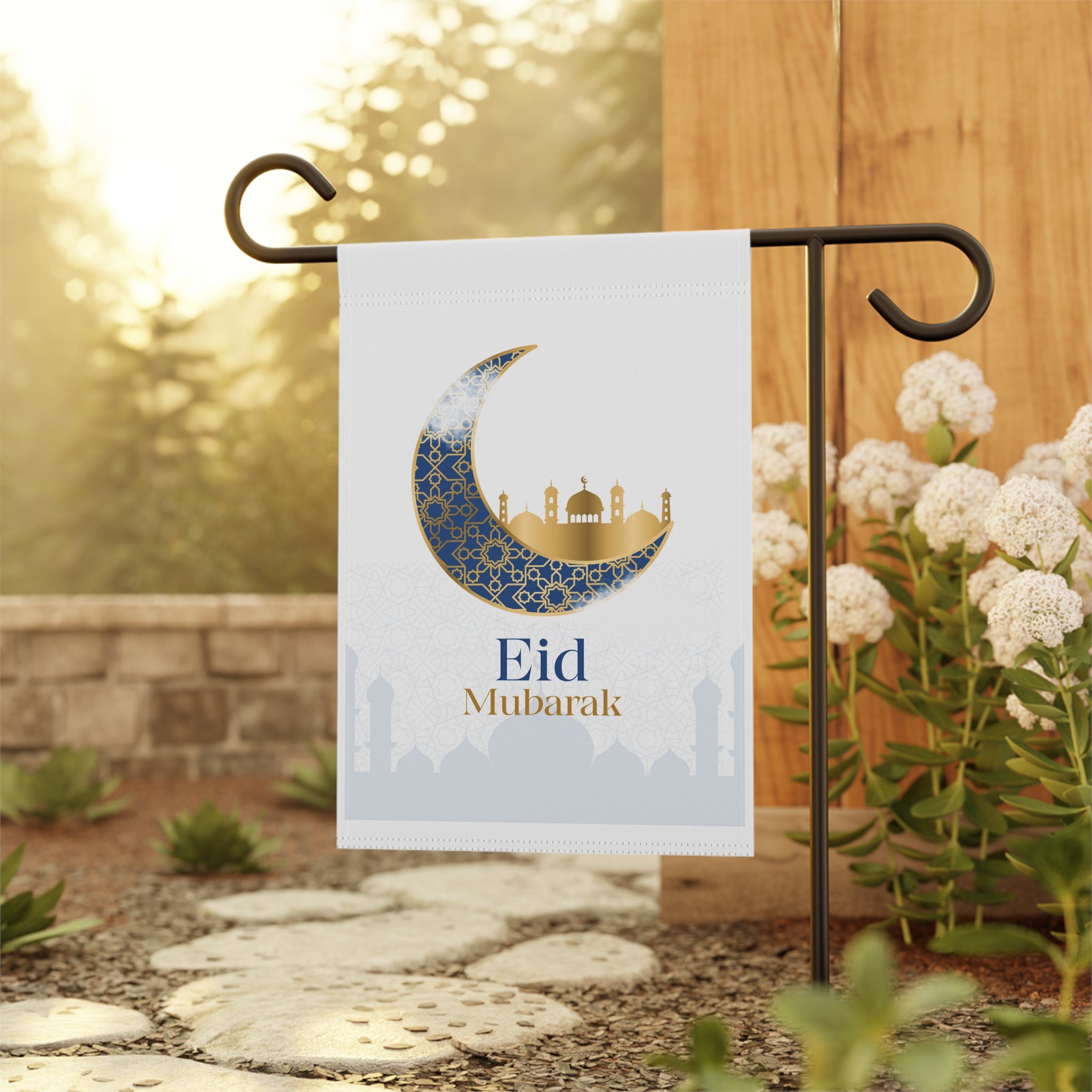 Eid Mubarak Crescent Garden Flag — Decorative Ramadan House Banner