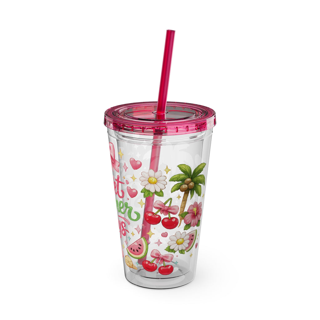 Sweet Summer Days Tumbler — 16oz Clear Straw Cup with Tropical Fruits & Bow Design