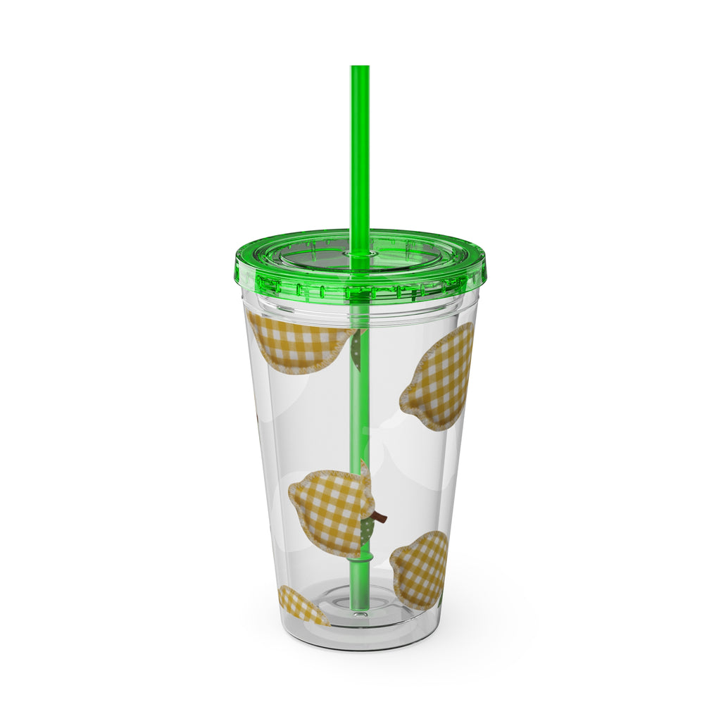 Gingham Pear Sunsplash Tumbler, 16oz Clear Travel Cup with Straw
