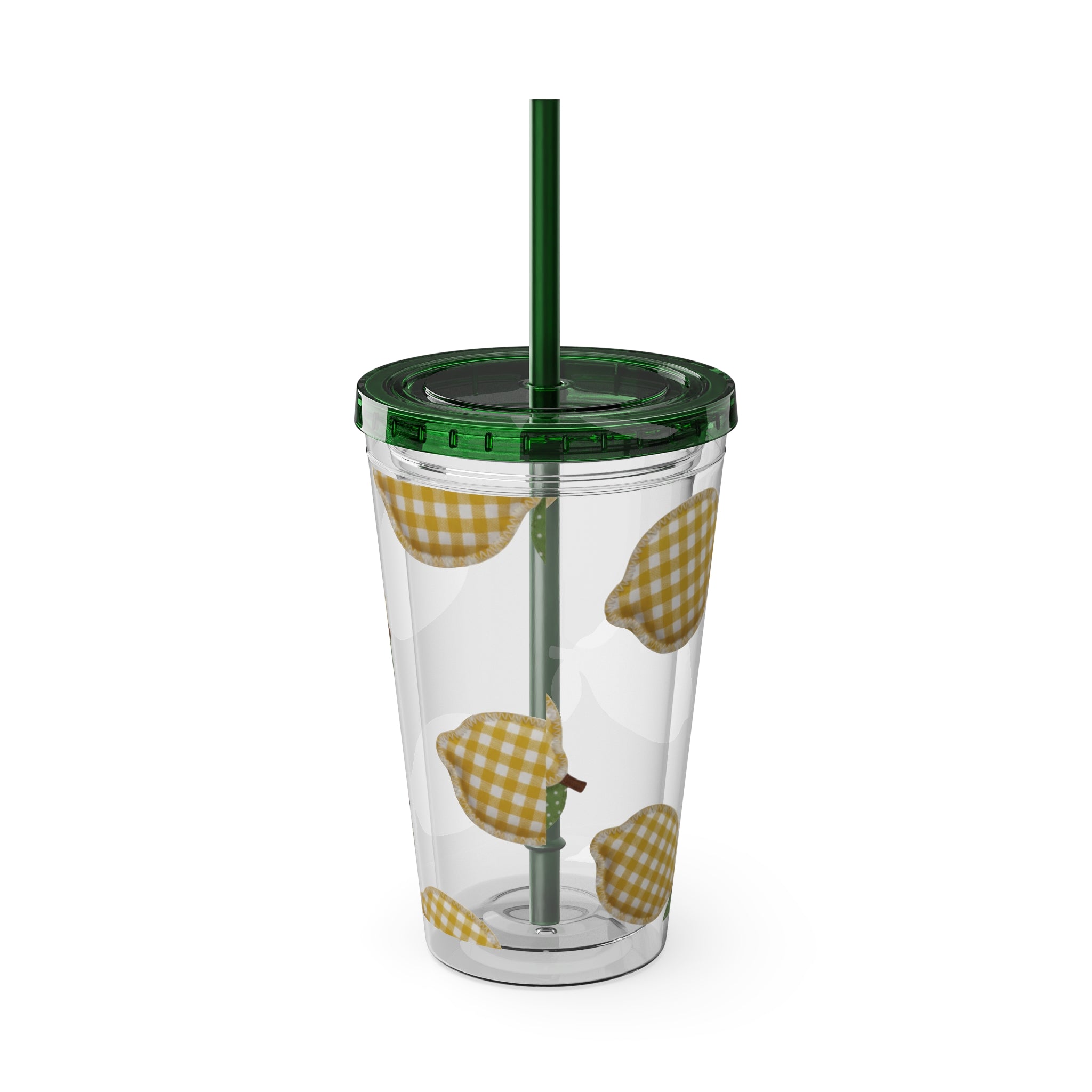 Gingham Pear Sunsplash Tumbler, 16oz Clear Travel Cup with Straw