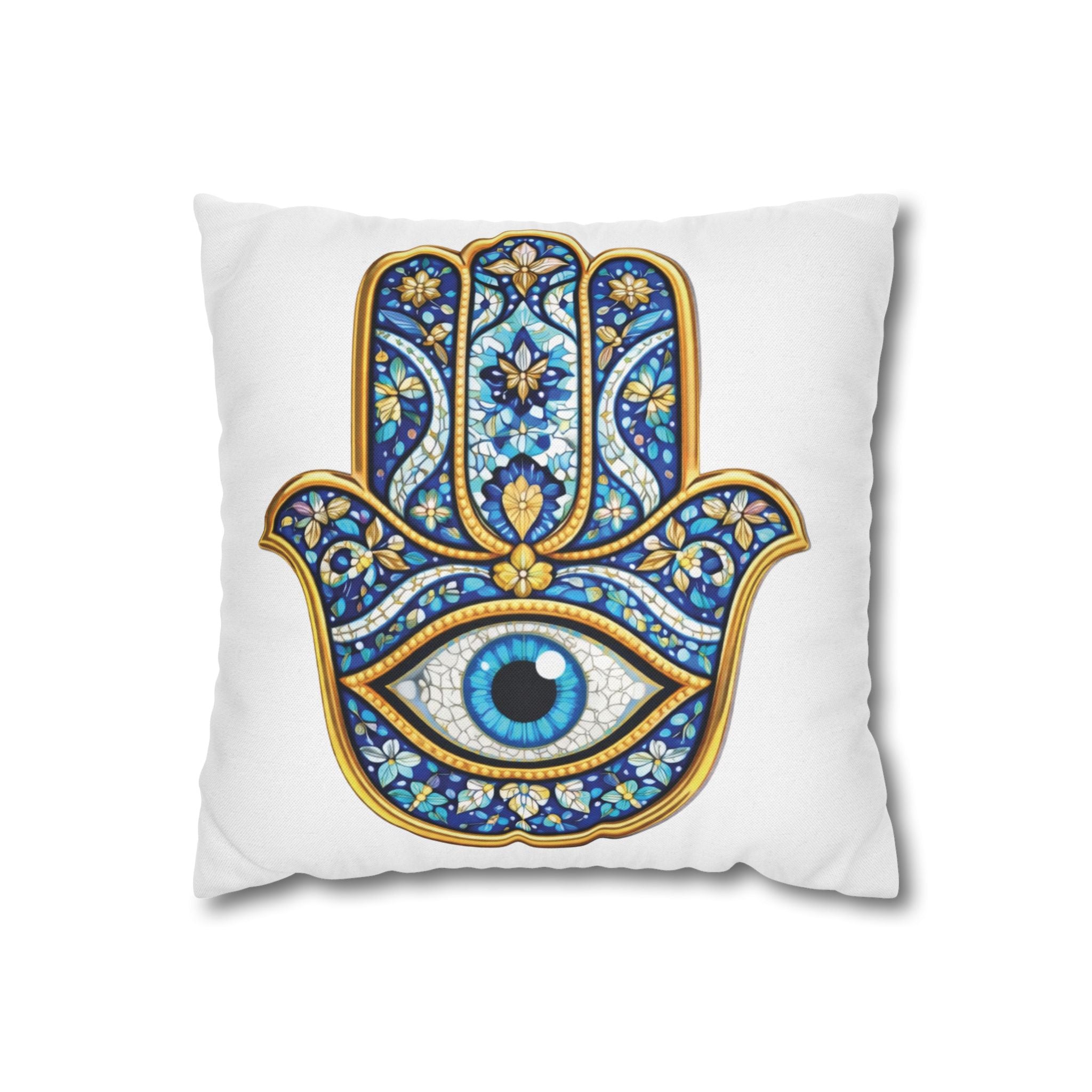Hamsa Hand Throw Pillow – Blue Mosaic Evil Eye Decorative Pillowcase
