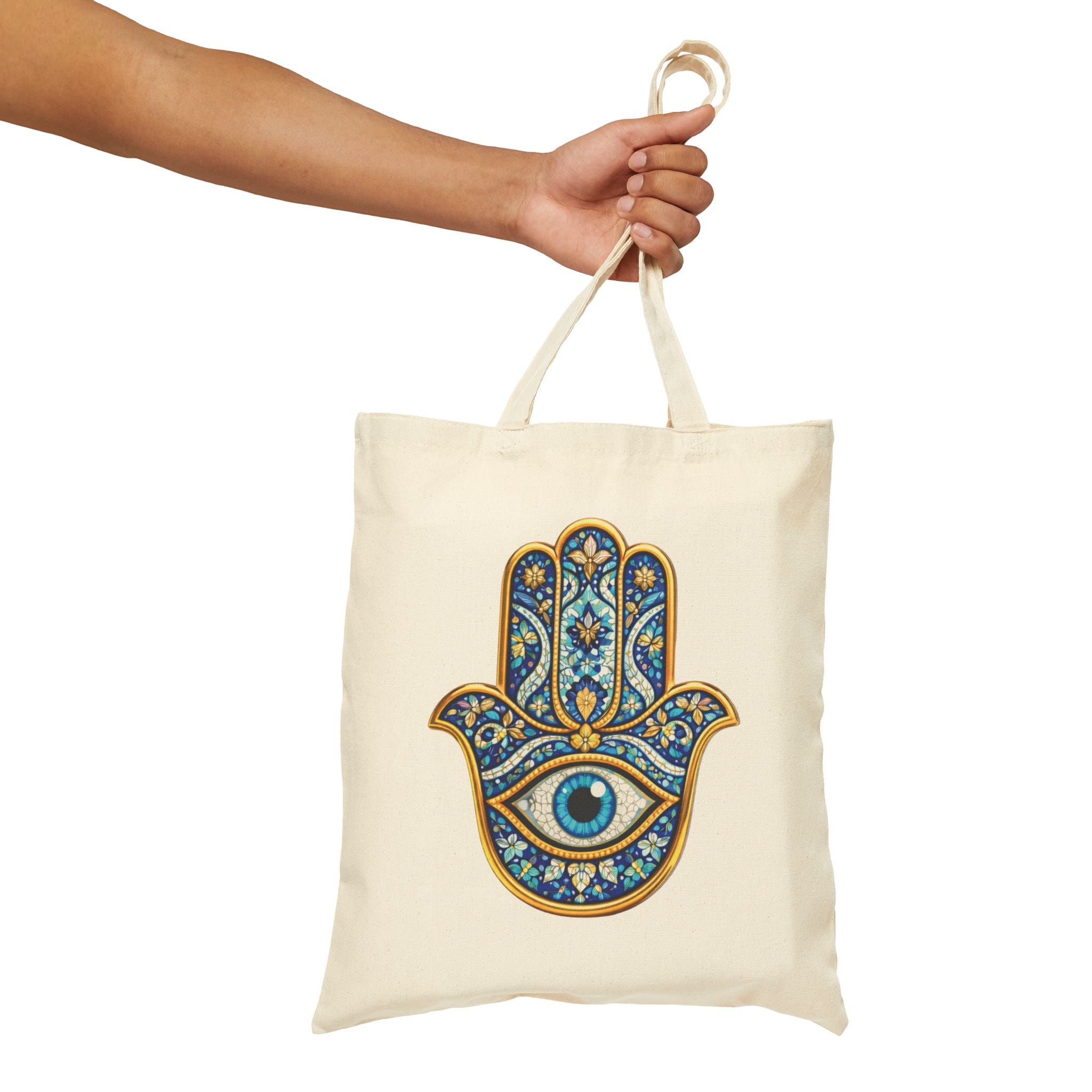 Hamsa Hand Tote Bag — Boho Evil Eye Cotton Canvas Shopper