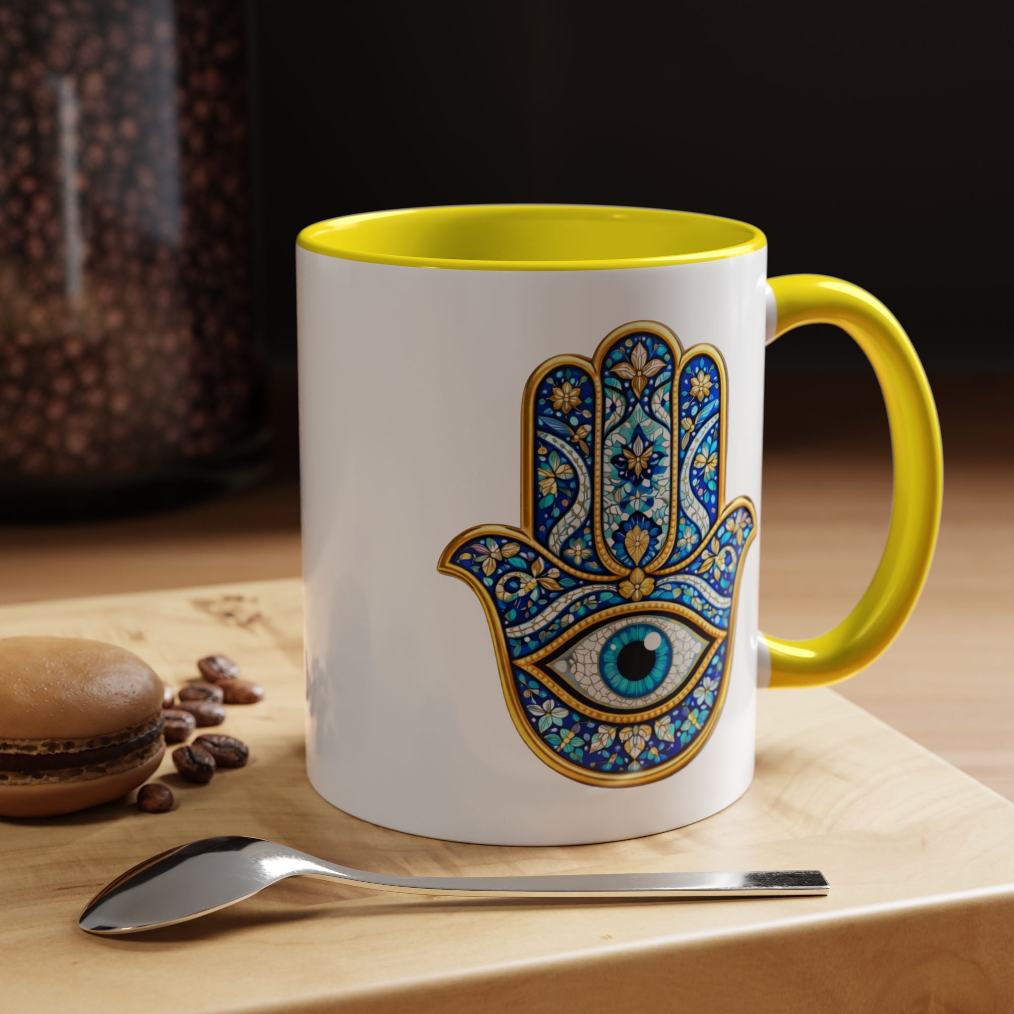 Hamsa Hand Accent Coffee Mug – Blue Protective Evil Eye Ceramic Mug (11/15oz)