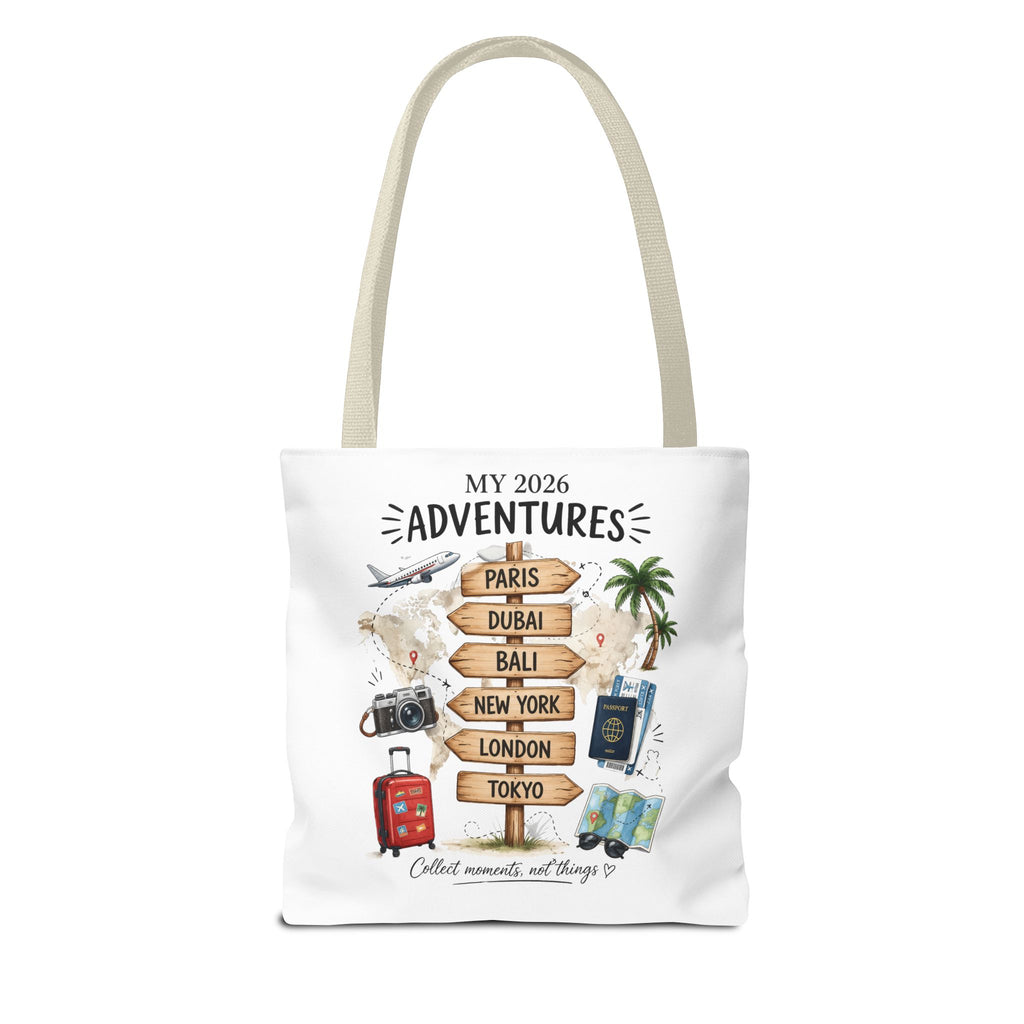 2026 Travel Adventures Tote Bag — 'My 2026 Adventures' World Cities Signpost Design