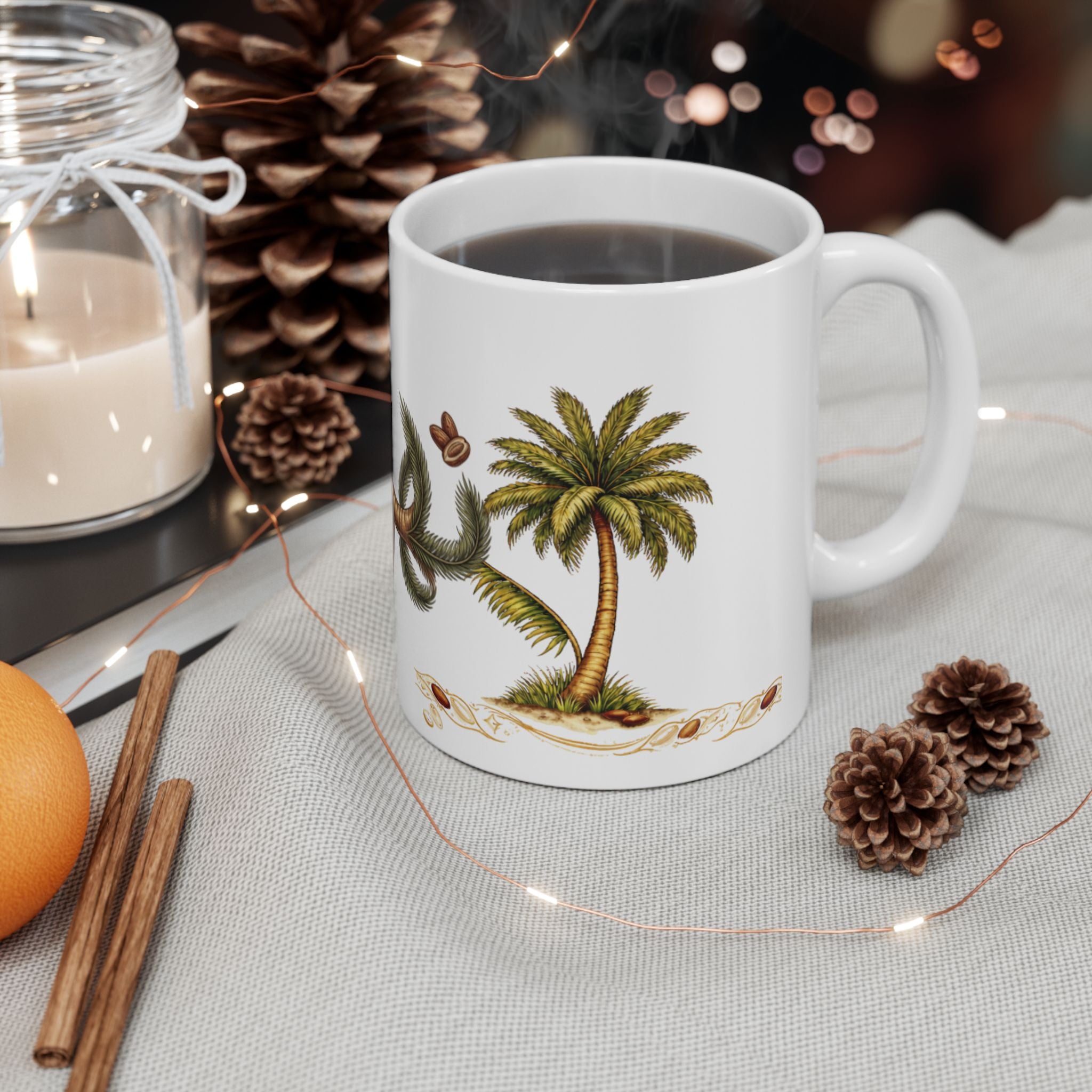 Ceramic Mug — Arabic Calligraphy نهرين' Festive Palm & Gold Coffee Cup (11oz/15oz)