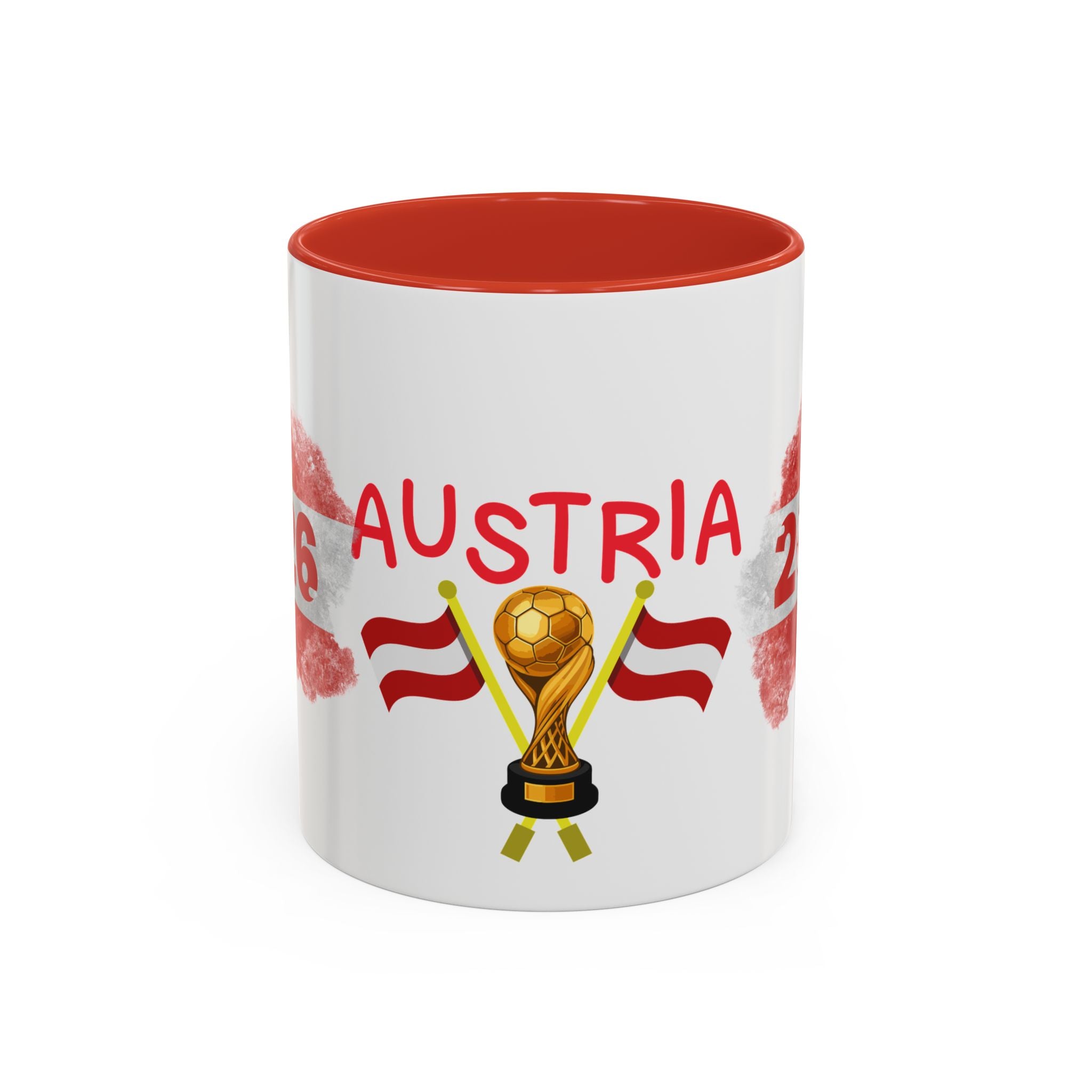Austria 2026 Soccer Cup Accent Coffee Mug — Red Flag & Trophy Design (11/15oz)