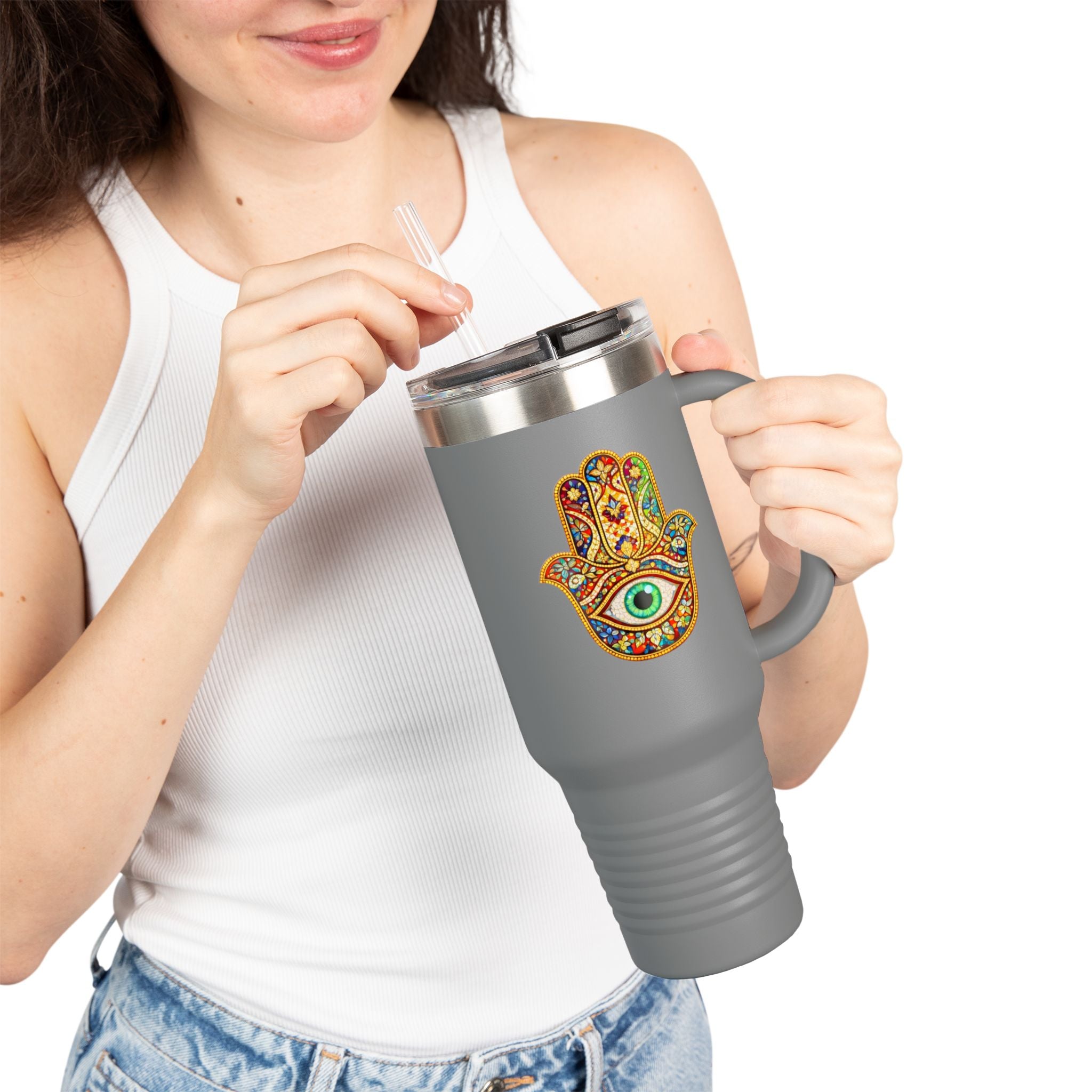 40oz Insulated Travel Mug – Colorful Hamsa Hand with Eye | Spiritual Protection Tumbler