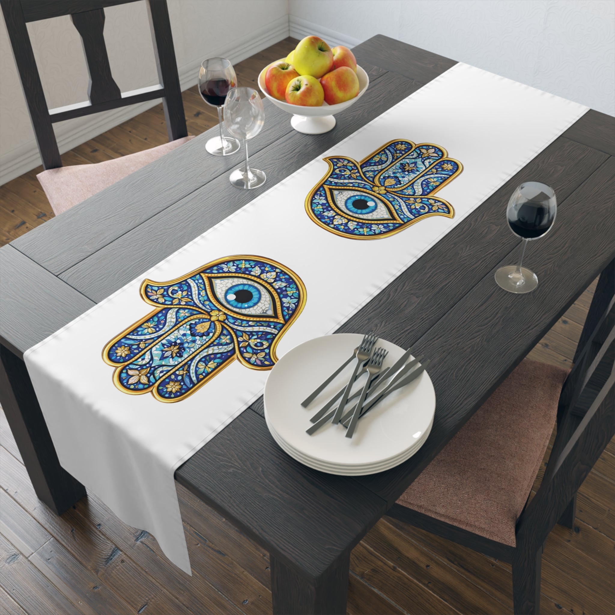 Hamsa Eye Table Runner — Blue Protective Hand Print Cotton-Poly Dining Decor