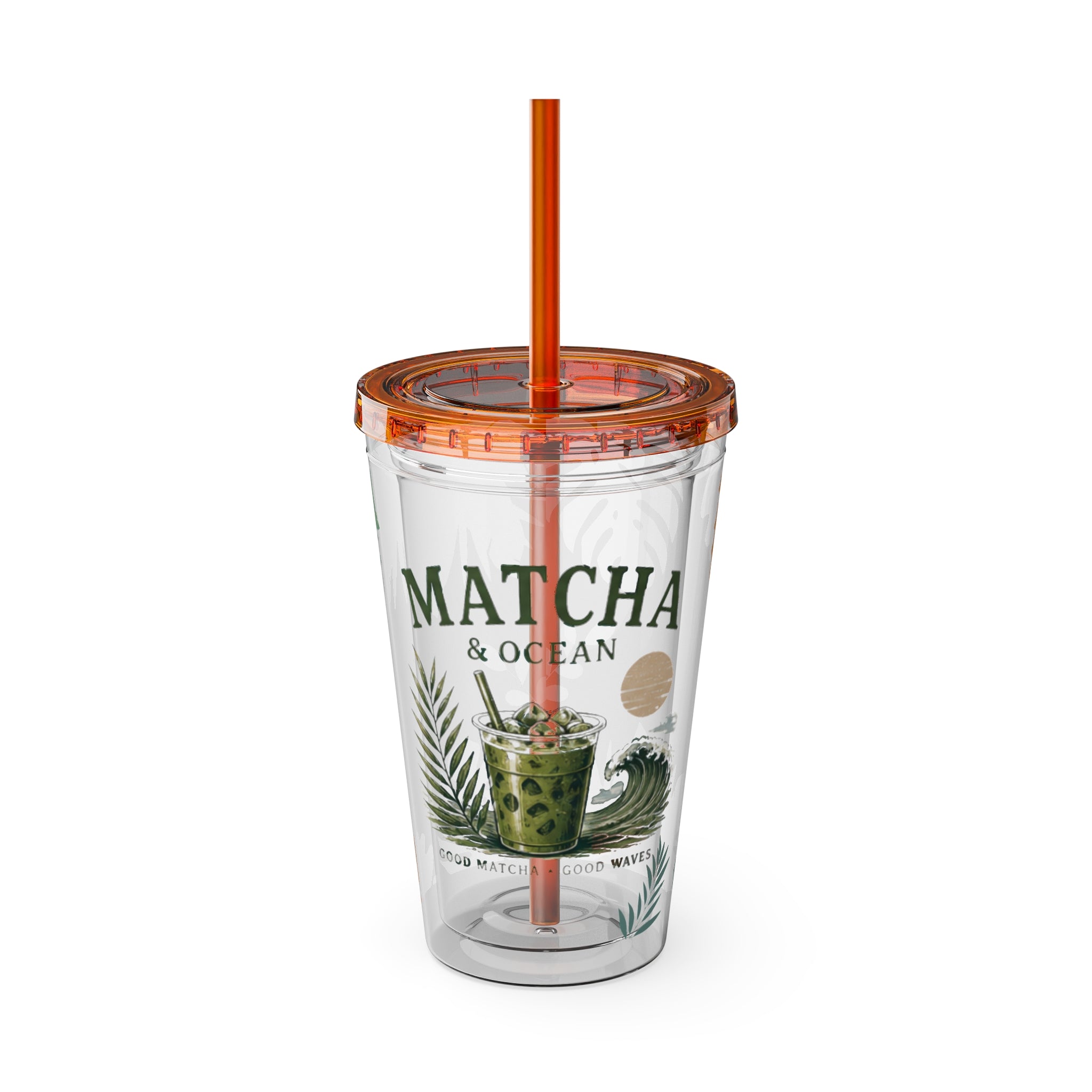 Matcha & Ocean 16oz Tumbler with Straw — Tropical Leaf Sunsplash Design