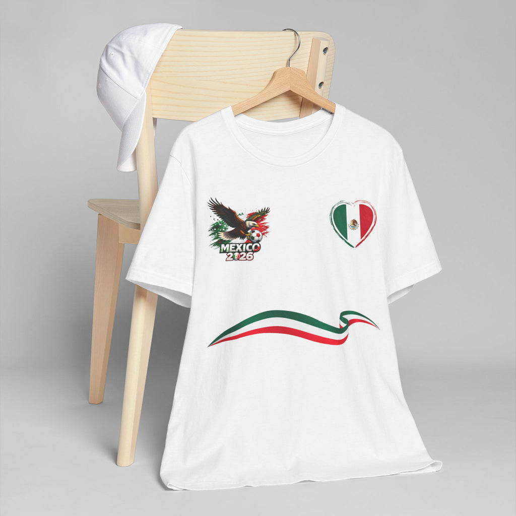 Mexico Soccer T-Shirt — Mexican Flag Heart & Football Stripe Tee