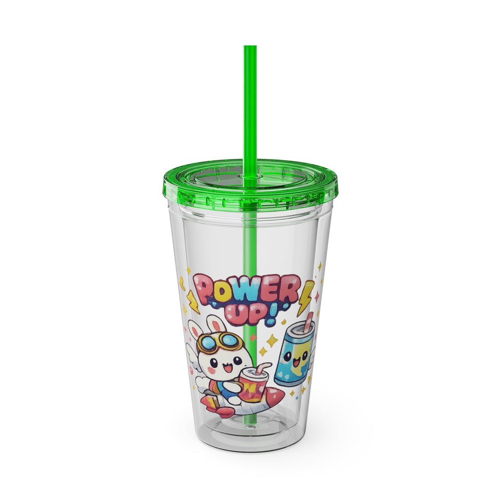 Sunsplash 16oz Tumbler with Straw — Cute "Power Up!" Gamer Character Design