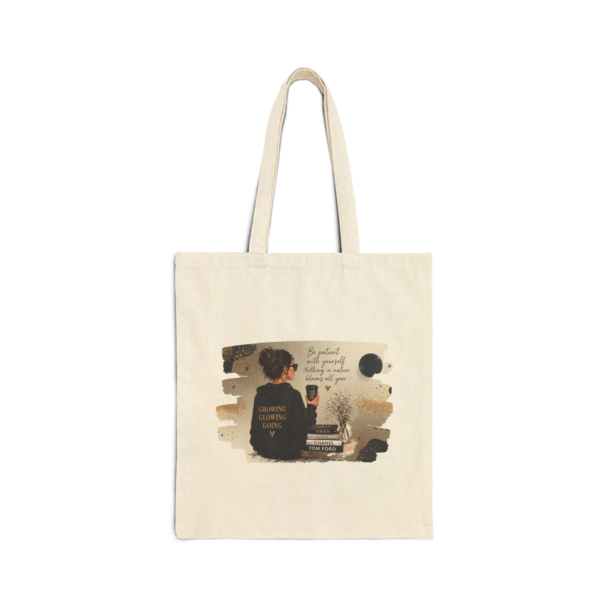 Canvas Tote Bag — 'Be Patient. Be Good to Your People' Cozy Coffee Shop Illustration