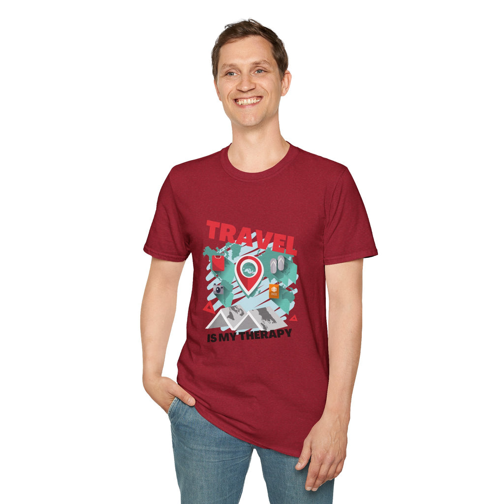 Travel Is My Therapy T-Shirt — Wanderlust Map Tee for Travelers & Adventure Lovers