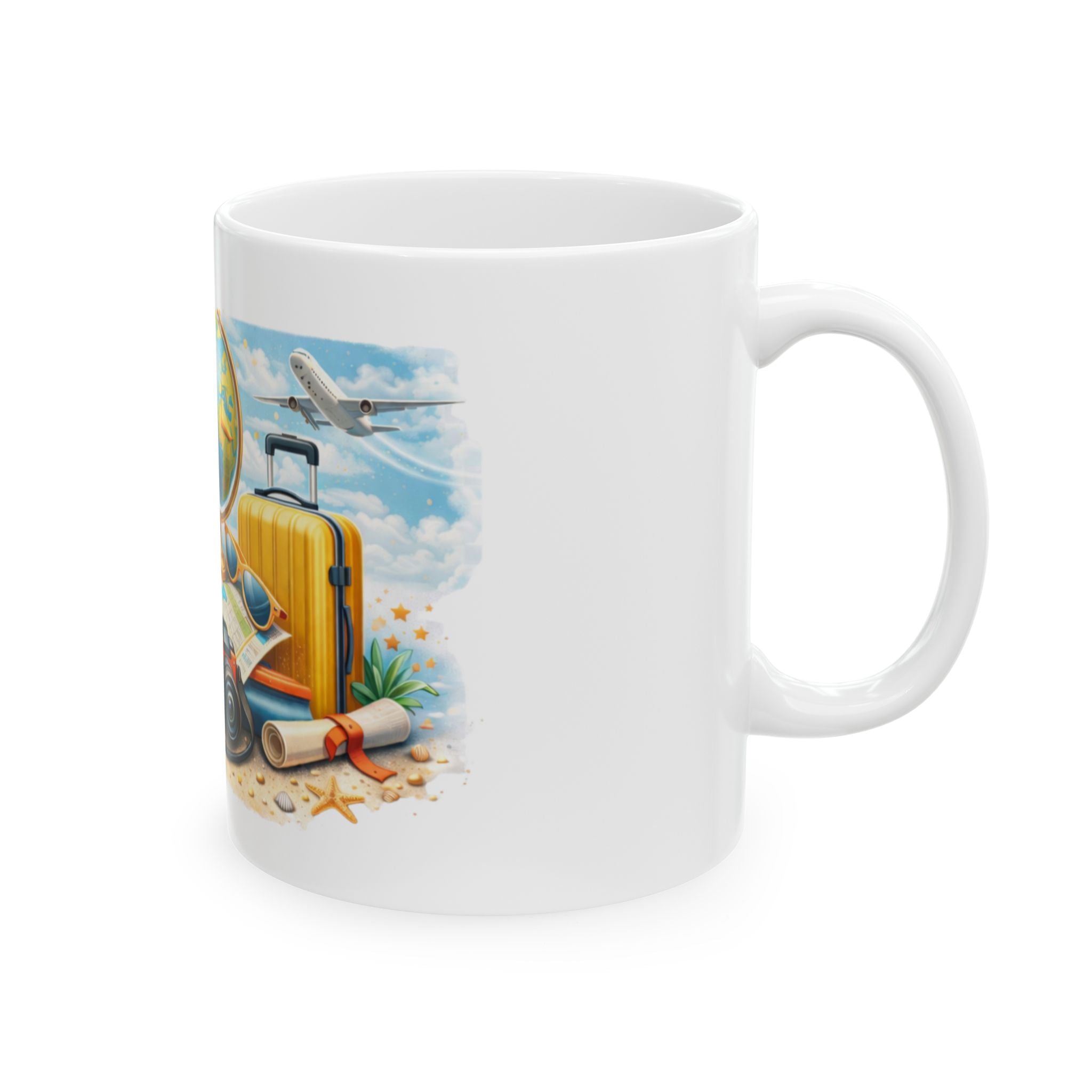 Travel Adventure Mug — Vintage Globe, Camera & Suitcase Ceramic Coffee Cup