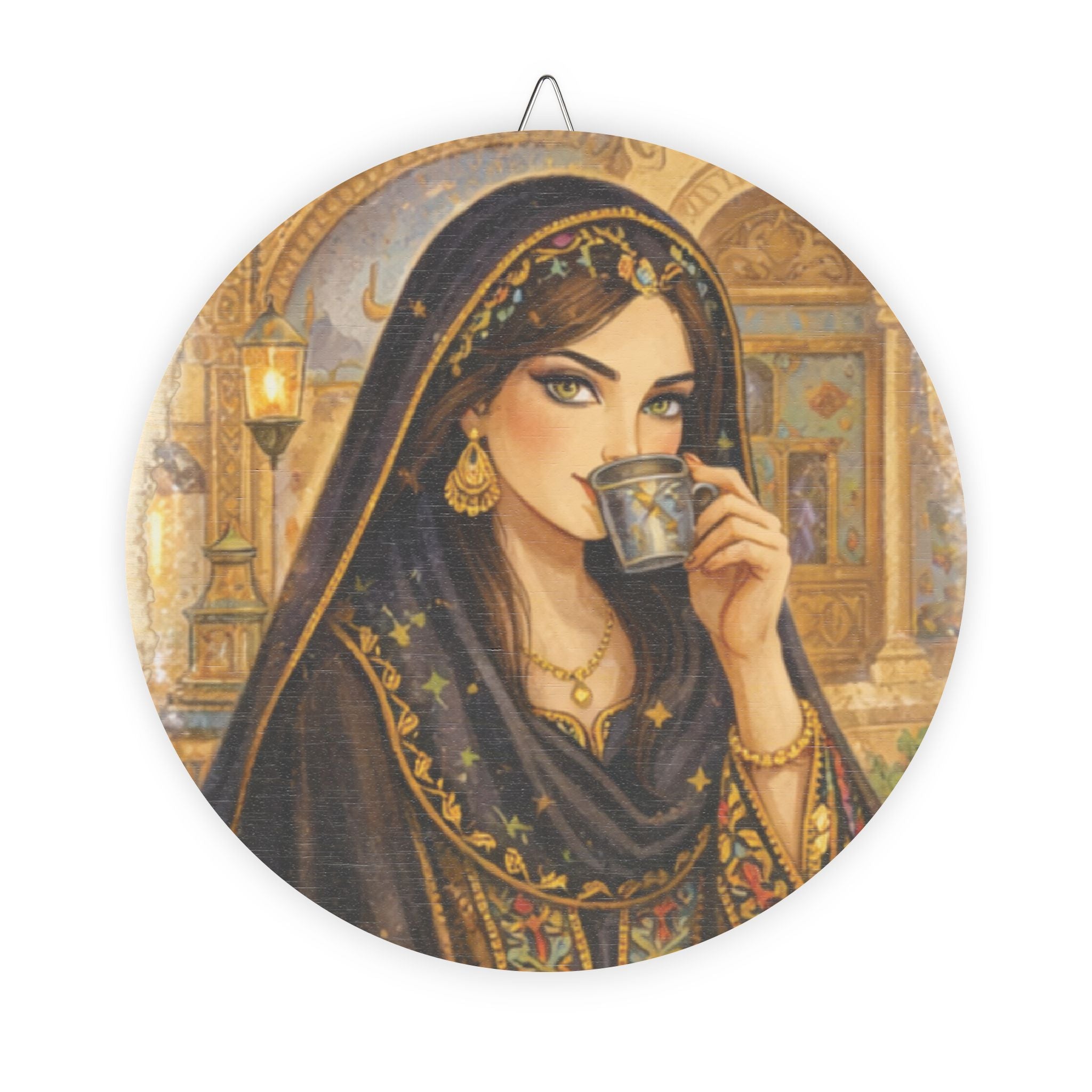 Middle Eastern Woman Drinking Tea Round Wood Sign – Bohemian Vintage Wall Art