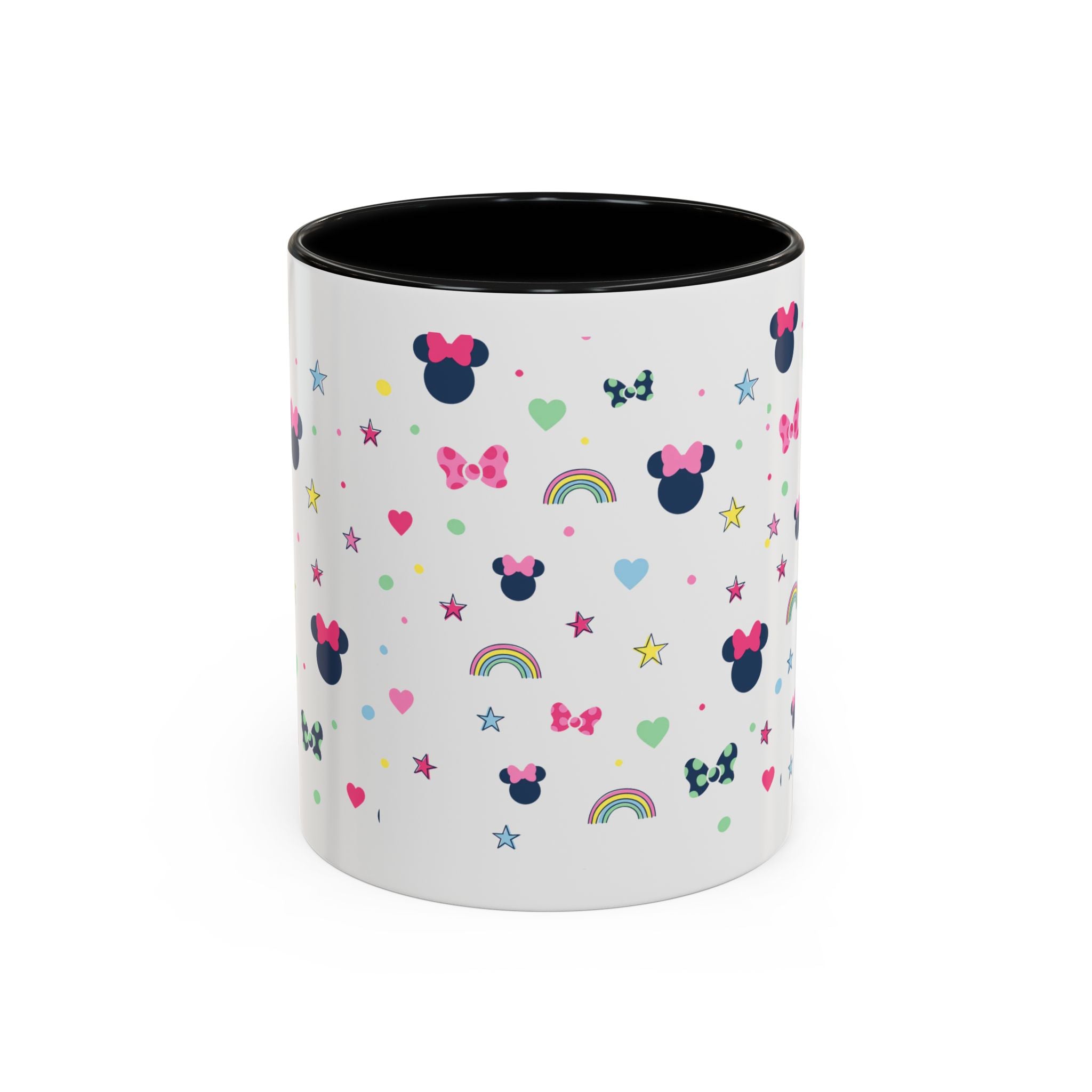 Minnie Dots Accent Coffee Mug — Cute Rainbow & Bow Pattern (11oz)