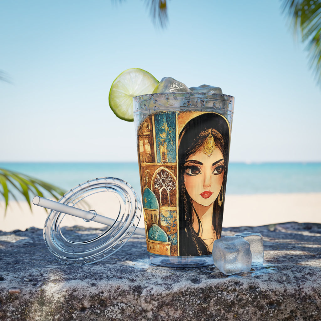 16oz Art Deco Goddess Tumbler with Straw — Middle Eastern Cityscape Design