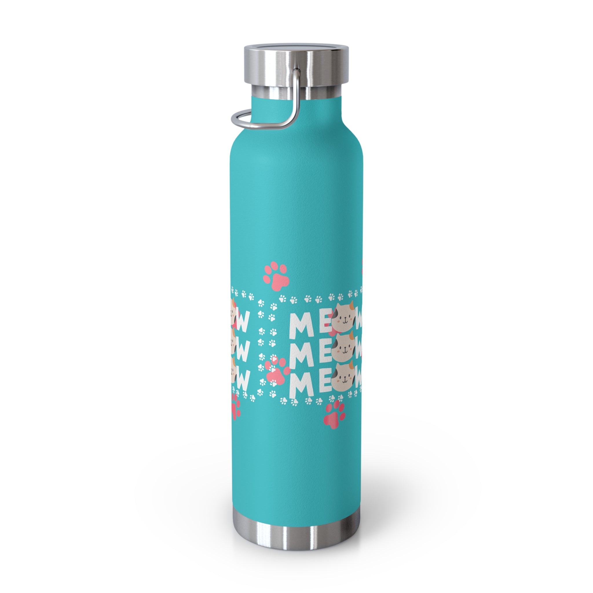 22oz Insulated Bottle — Red 'MEOW' Cute Cat Paw Print Design