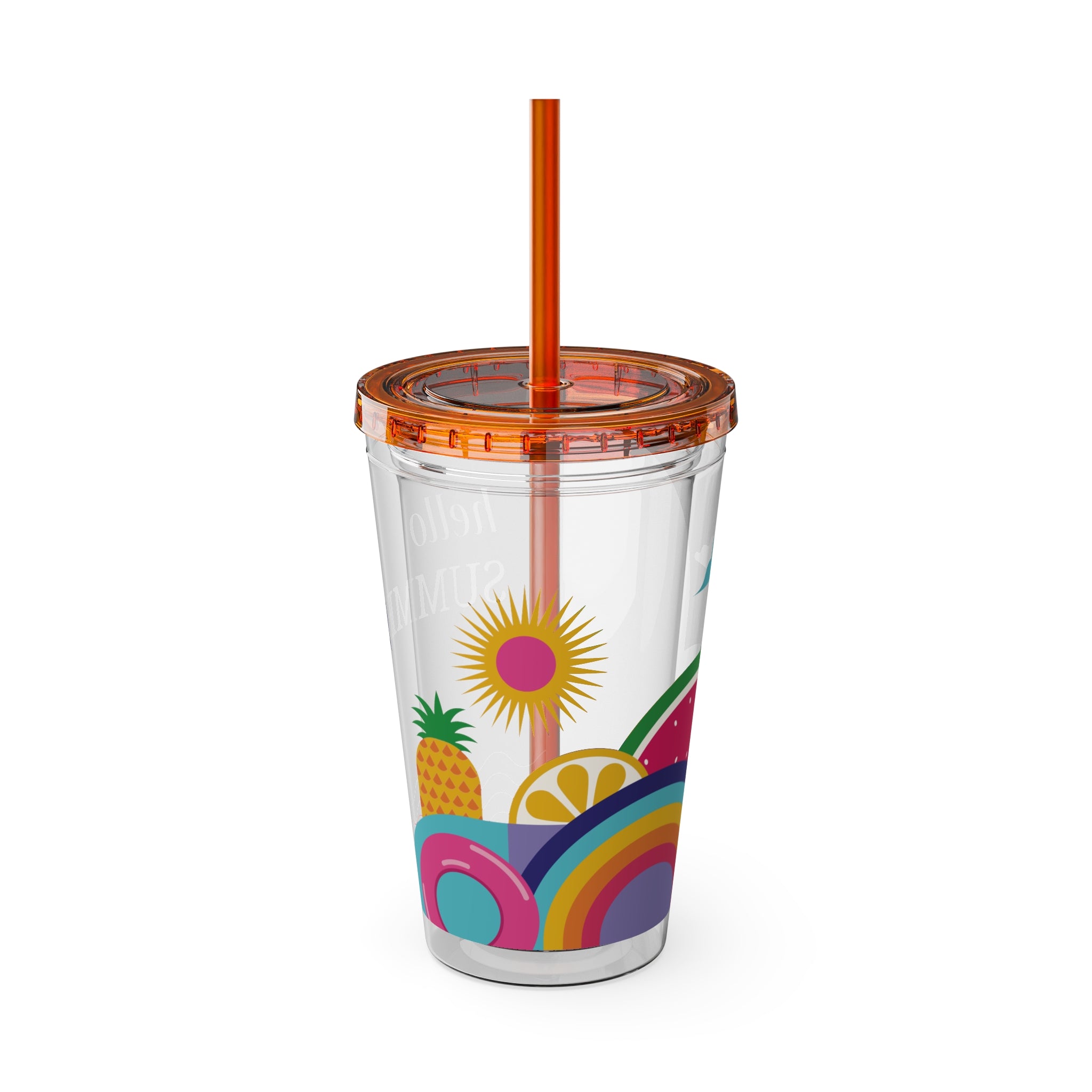 16oz Sunsplash Tumbler with Straw — "Hello Summer" Colorful Beach Vibes