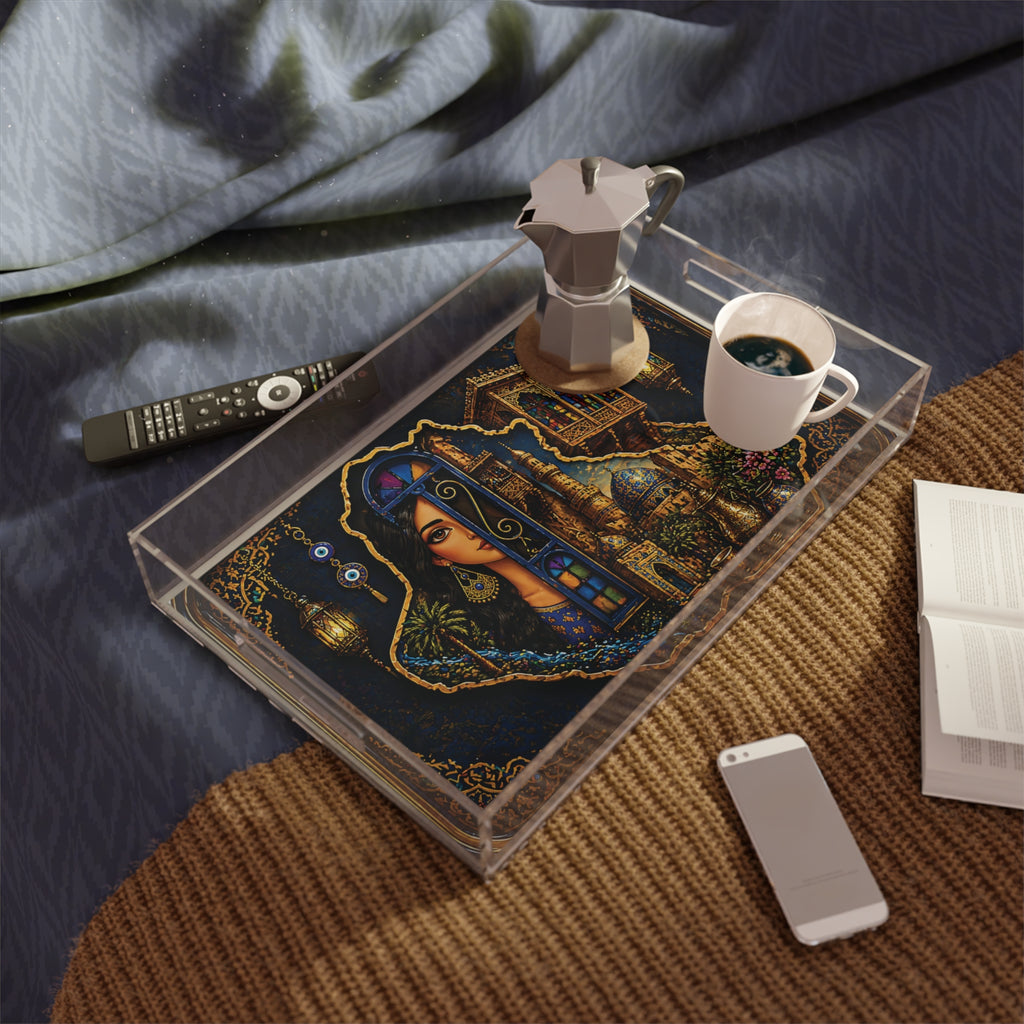 Acrylic Tray — Middle Eastern Nightscape Serving Tray with Lanterns & Woman Illustration