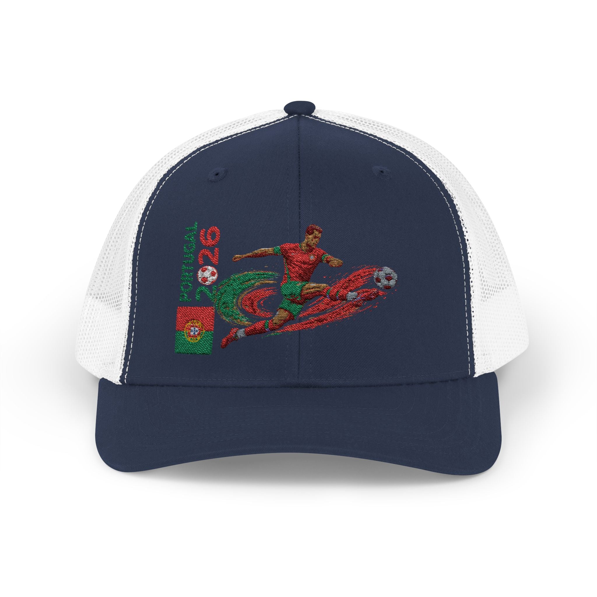 Portugal 2026 Soccer Snapback Trucker Cap — Embroidered Football Player Design