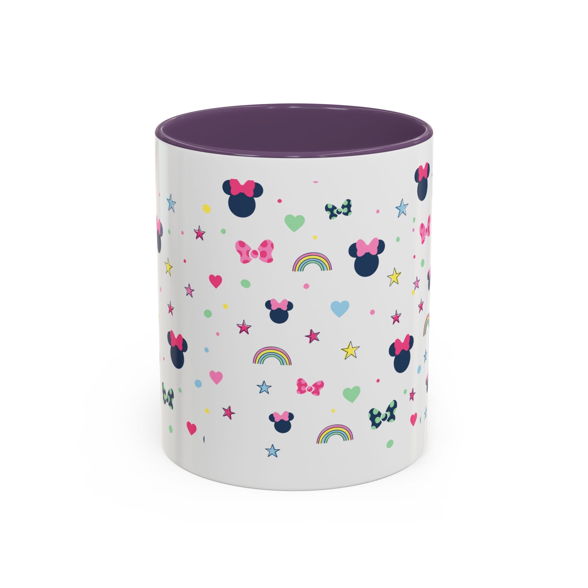 Minnie Dots Accent Coffee Mug — Cute Rainbow & Bow Pattern (11oz)