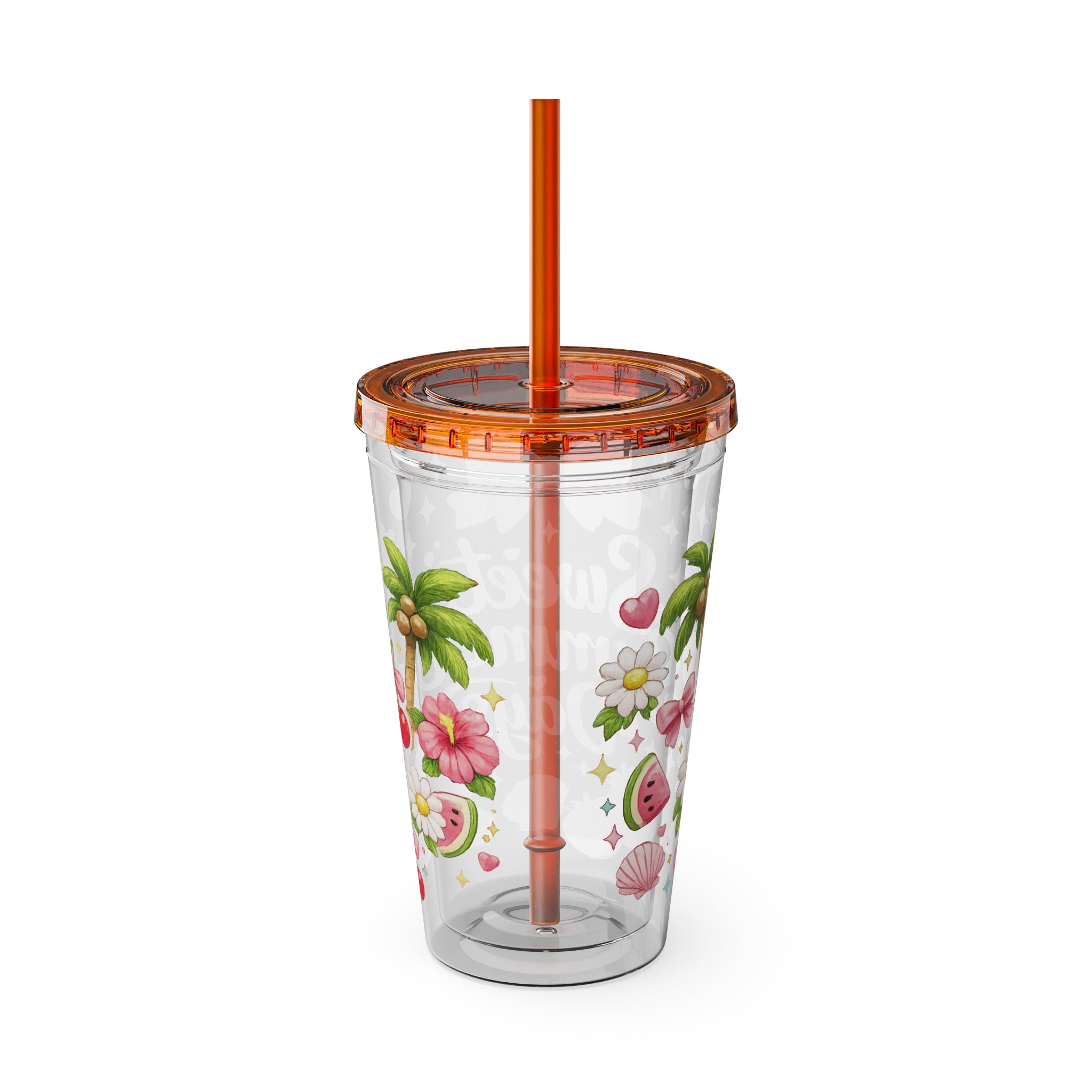 Sweet Summer Days Tumbler — 16oz Clear Straw Cup with Tropical Fruits & Bow Design