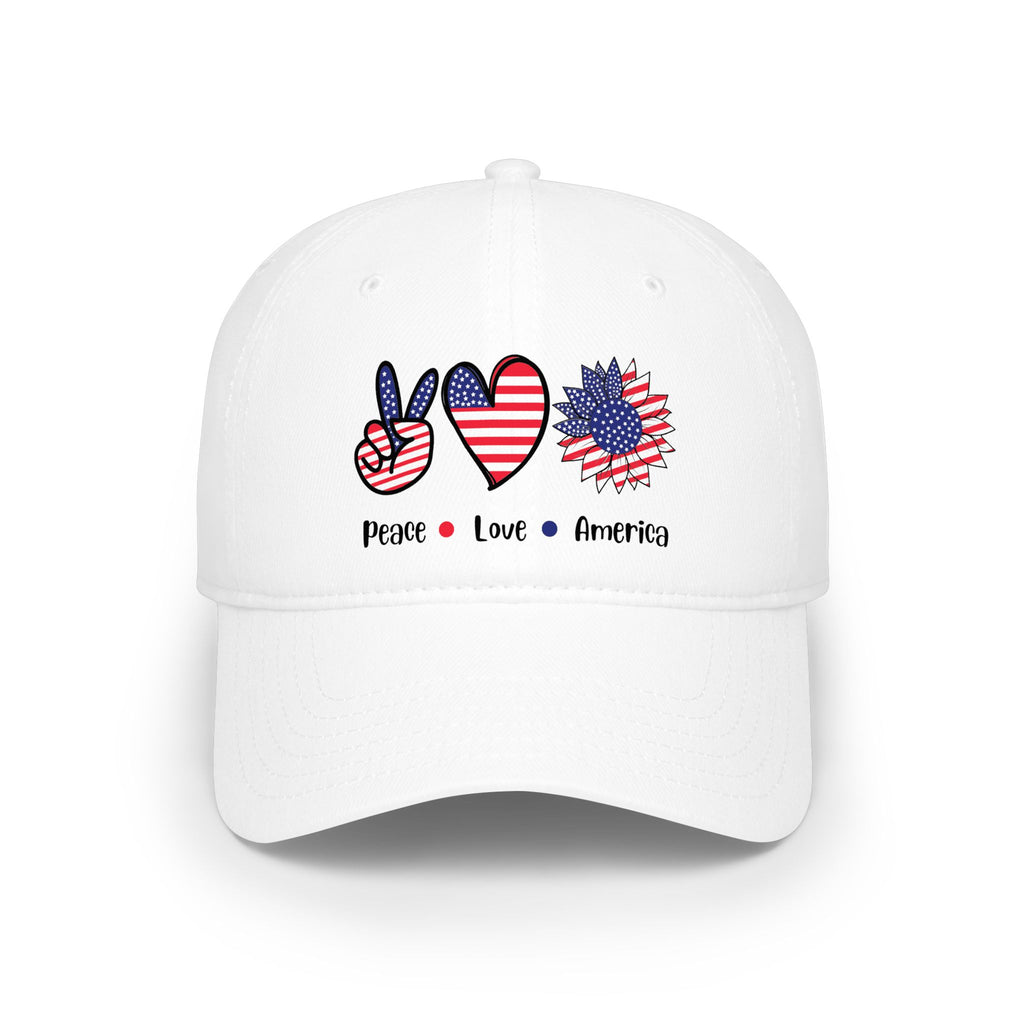 Peace Love America Cap — Patriotic USA Flag Peace Sign Heart Baseball Hat