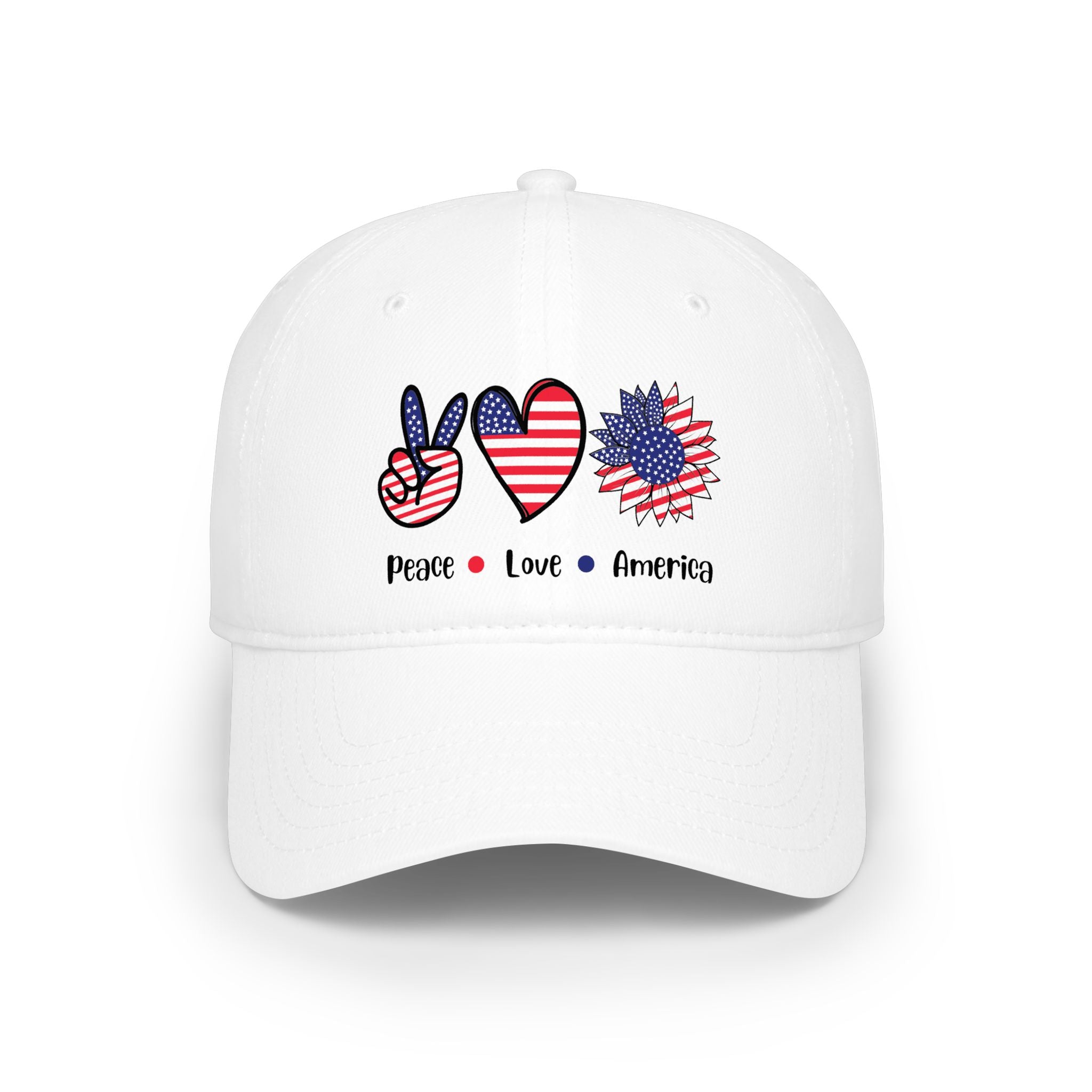 Peace Love America Cap — Patriotic USA Flag Peace Sign Heart Baseball Hat