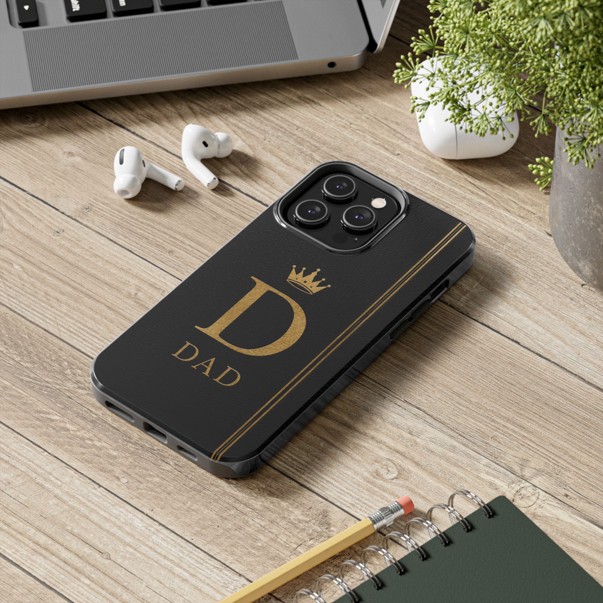 Dad Monogram Tough Phone Case — Black Gold Crown Initial