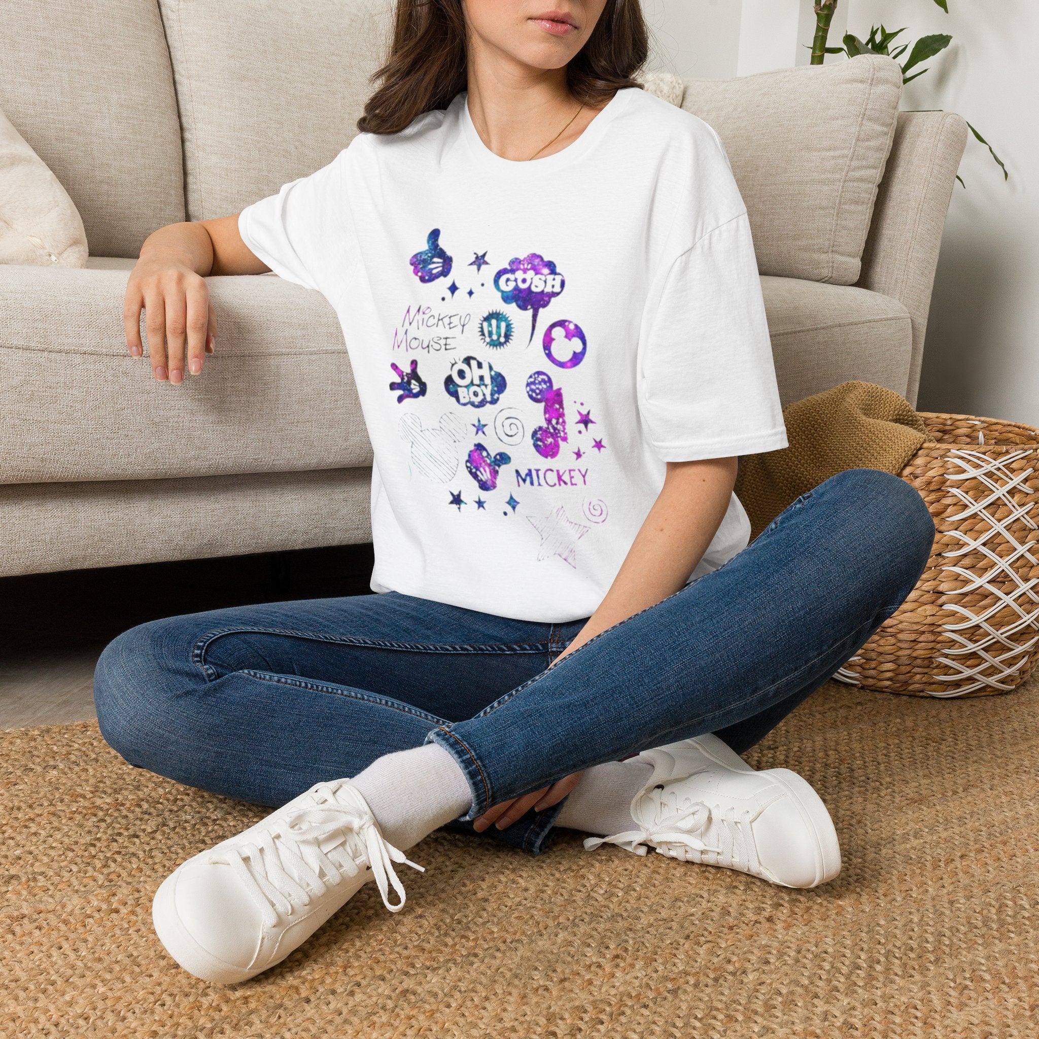 Mickey Mouse Galaxy Sticker Collage Unisex T‑Shirt — 'Oh Boy' Purple Space Graphic Tee