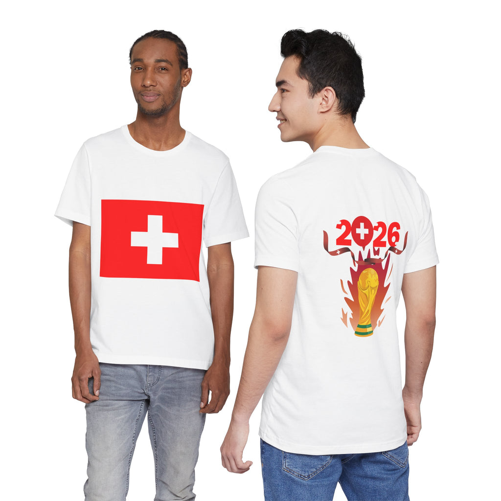 Switzerland Cup 2026 Soccer T-Shirt — Swiss Flag Front & 2026 Trophy Back