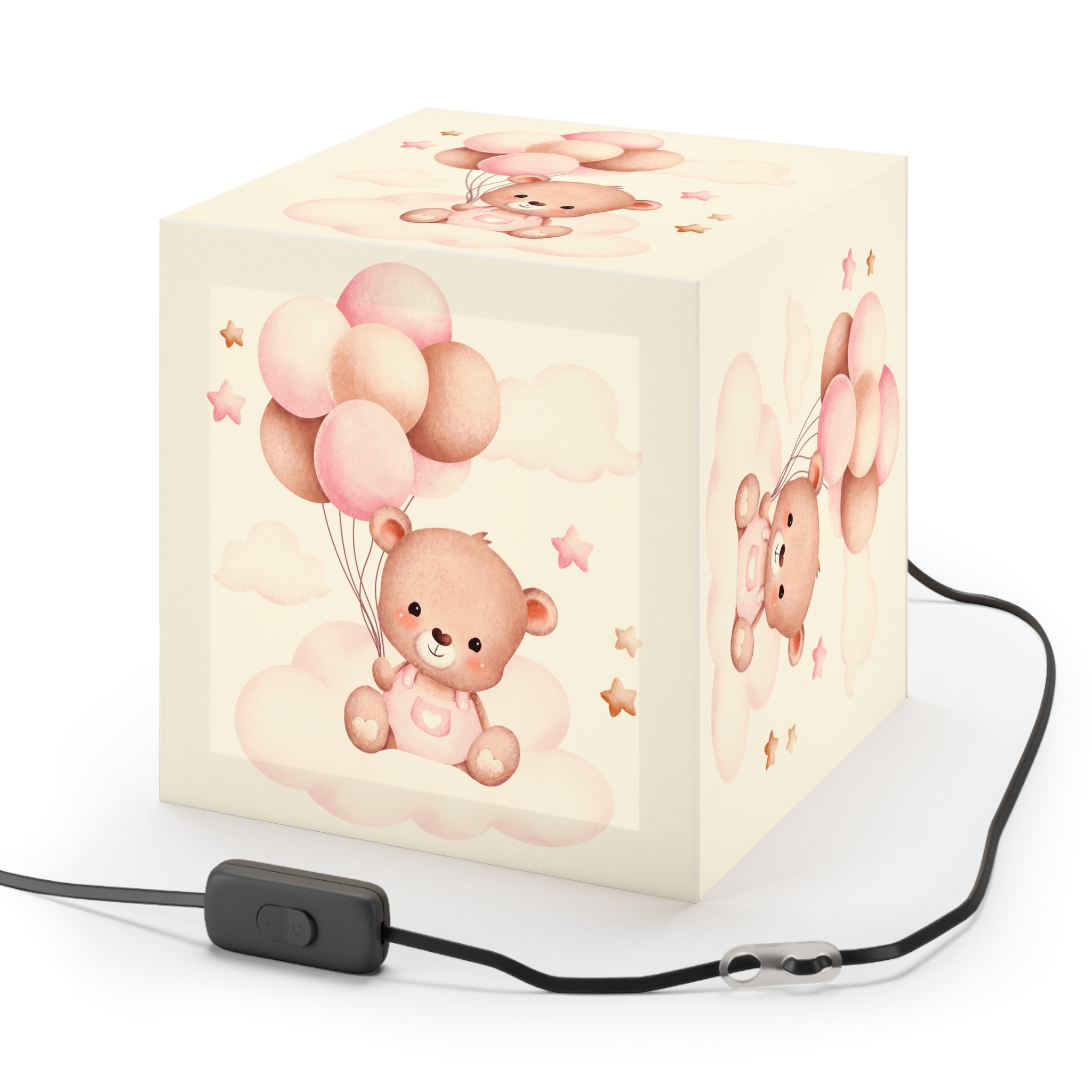 Teddy Bear Balloon Cube Lamp — Pink Nursery Light