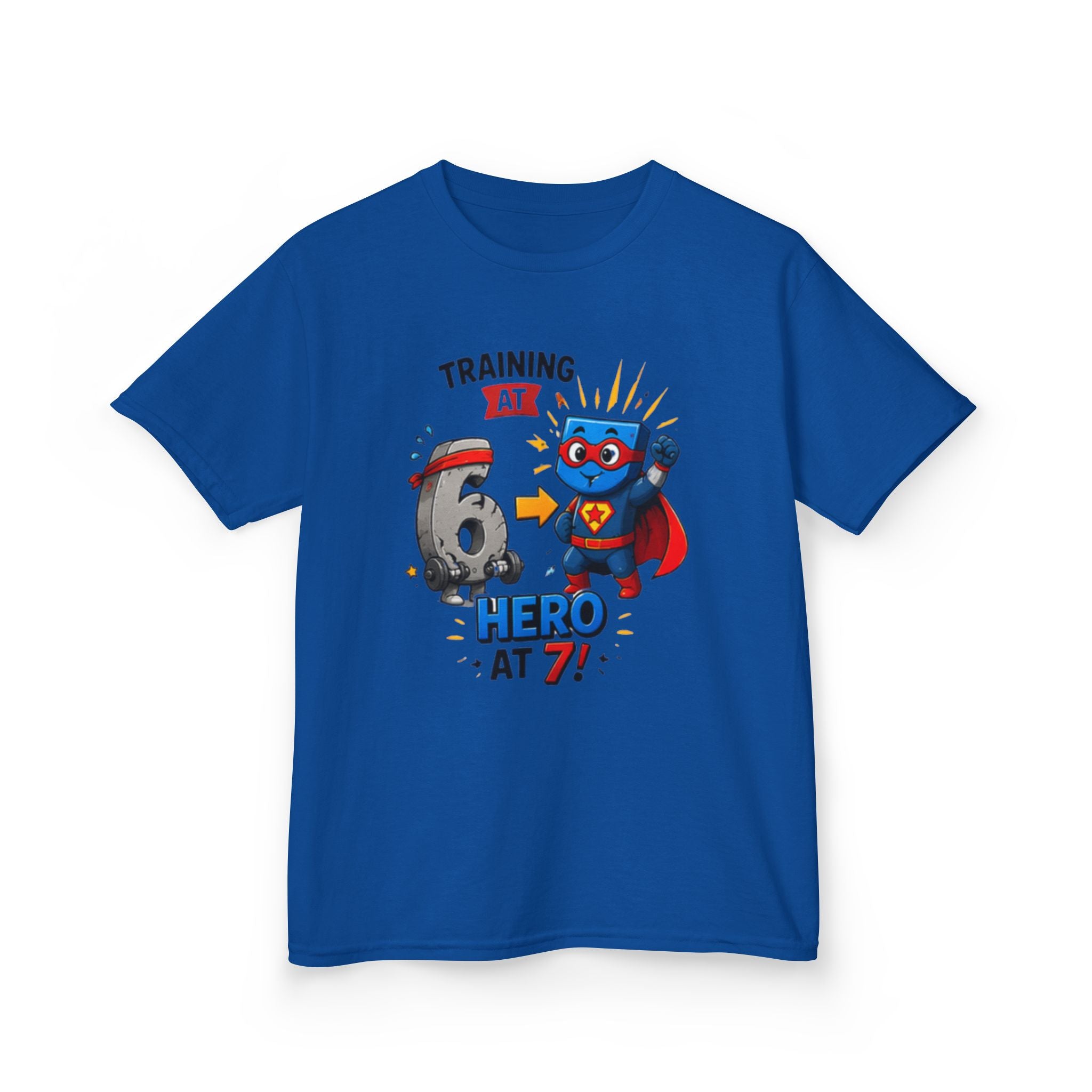 Kids Tee — "Training at 6, Hero at 7!" Superhero Birthday Shirt 67