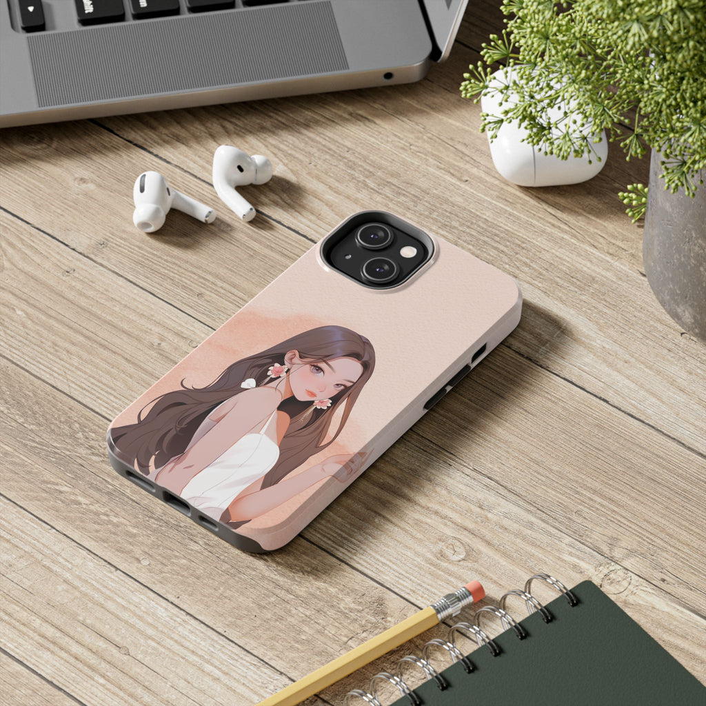 Tough Phone Case — Elegant Anime Girl Illustration, Protective Slim Phone Cover