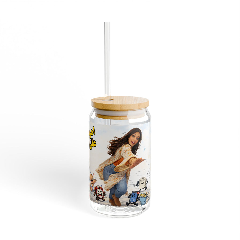 16oz Arabic Graphic Sipper Glass with Straw — Playful Cartoon Design