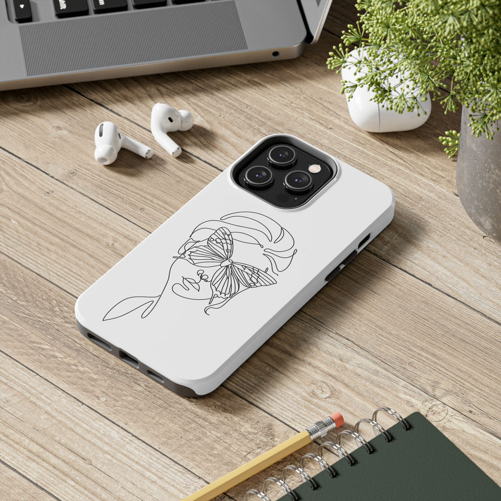 Butterfly Line Art Tough Phone Case — Minimalist Woman Face Design