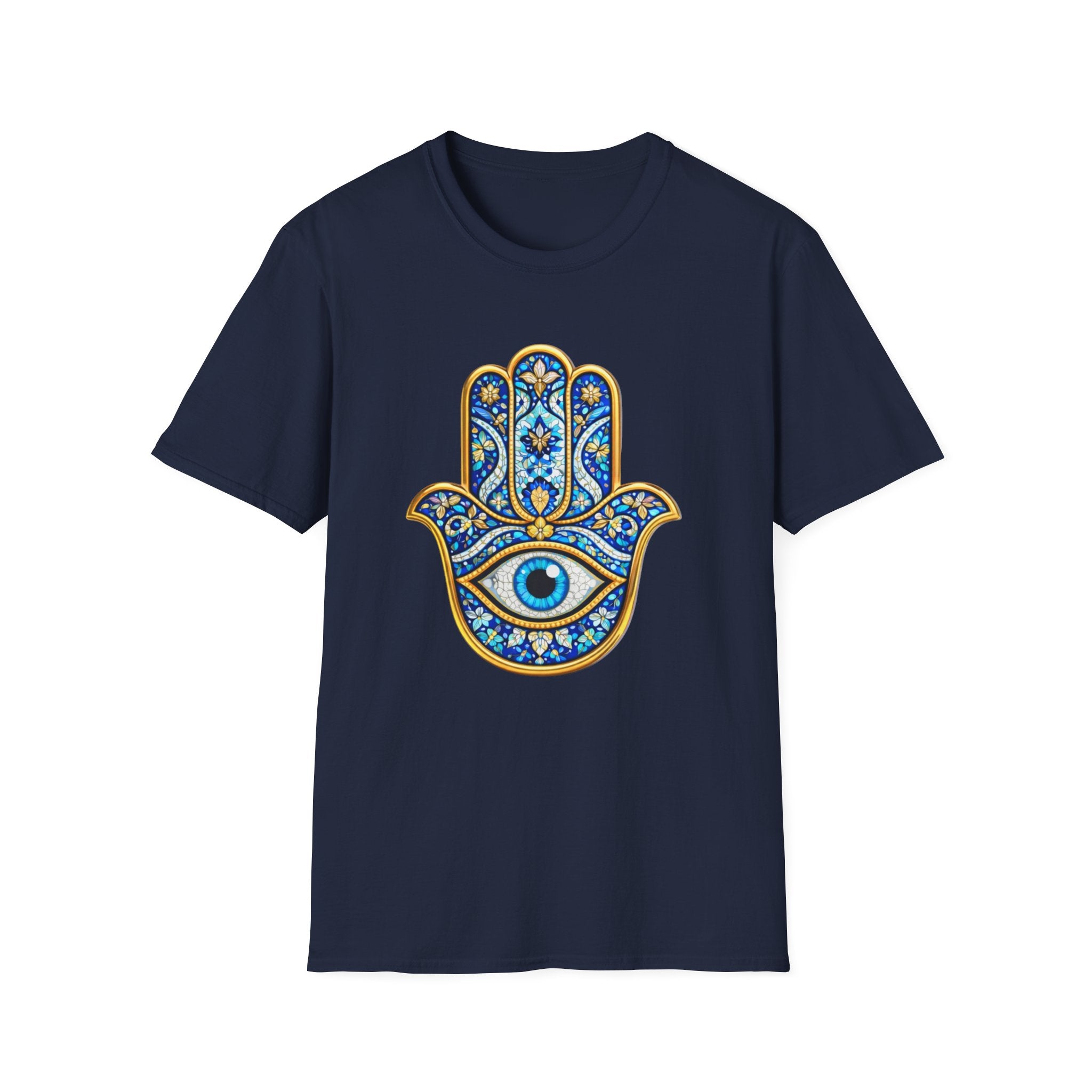 Hamsa Hand T-Shirt with Evil Eye – Blue Mosaic Protection Tee