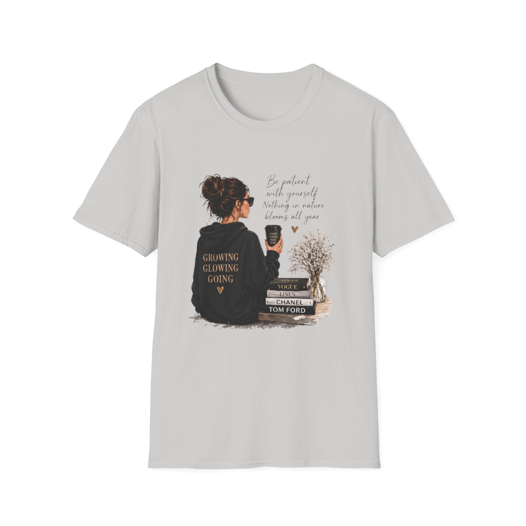Cozy Reading Girl T-Shirt — "Growing, Glowing, Going" Literary Graphic Tee