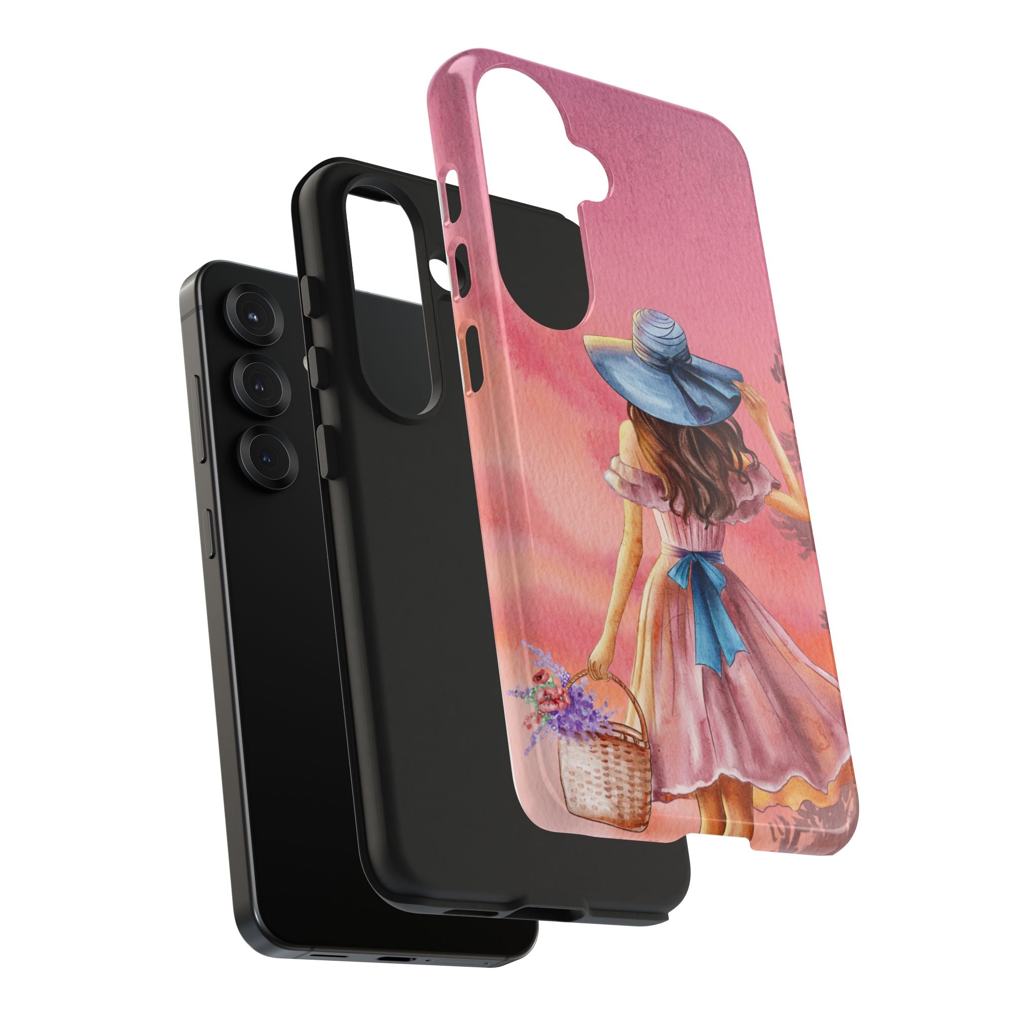 Pastel Picnic Girl Phone Case — Protective Tough Phone Case with Watercolor Sunset Design