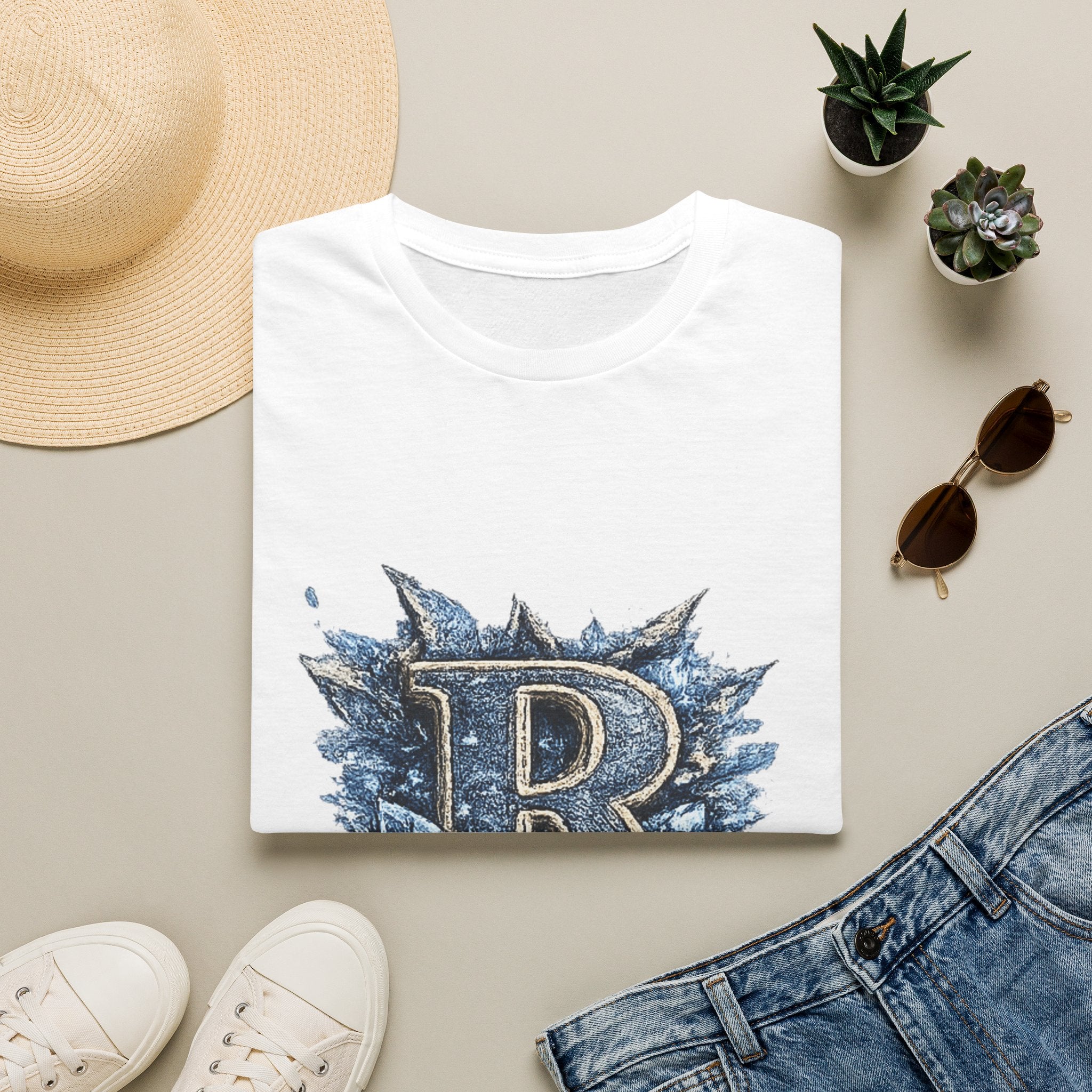 R Crest Graphic T-Shirt — Vintage Blue Letter R Logo Tee