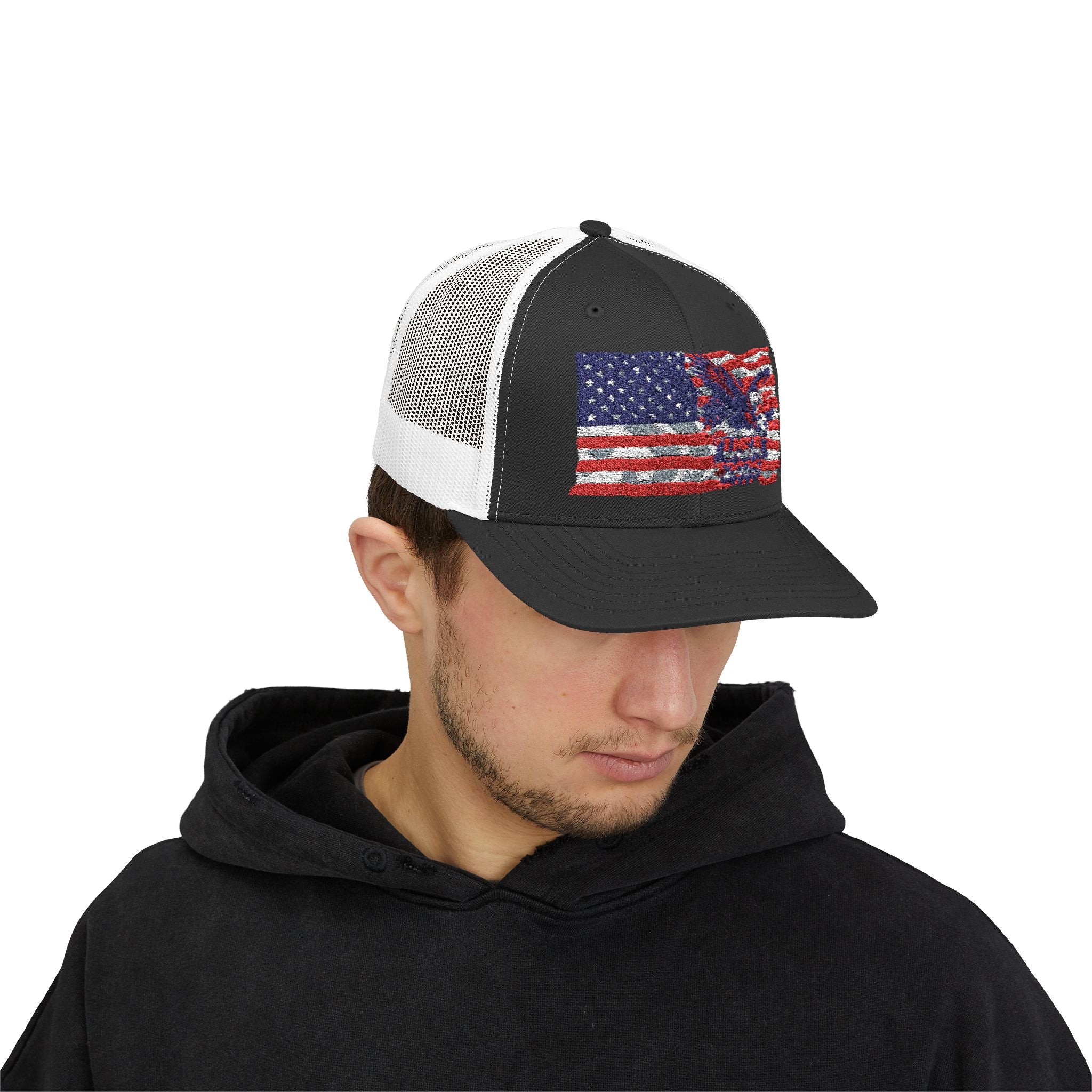 American Eagle Flag Trucker Cap – Distressed USA Patriotic Snapback