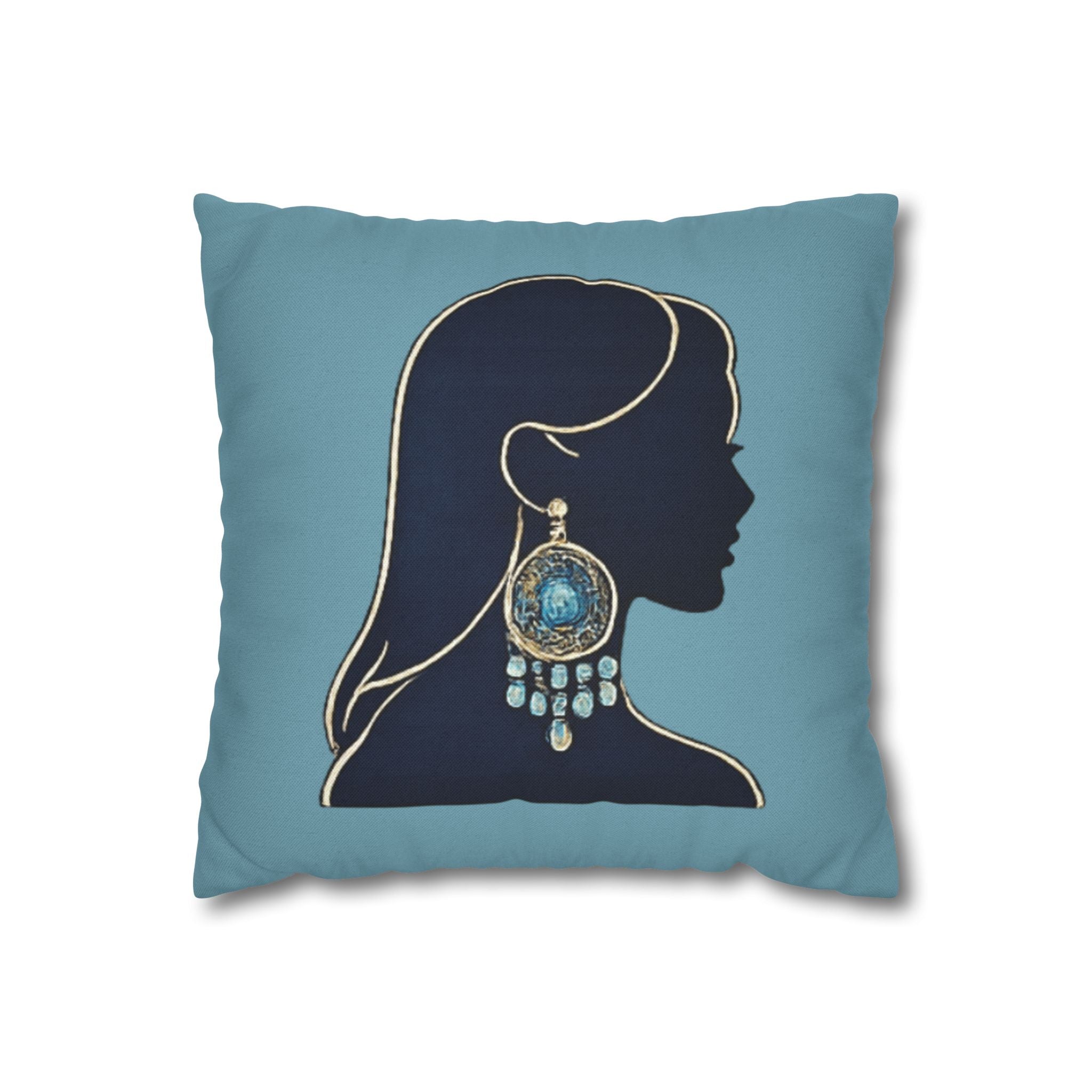 Boho Silhouette Throw Pillowcase — Teal Portrait with Statement Earring