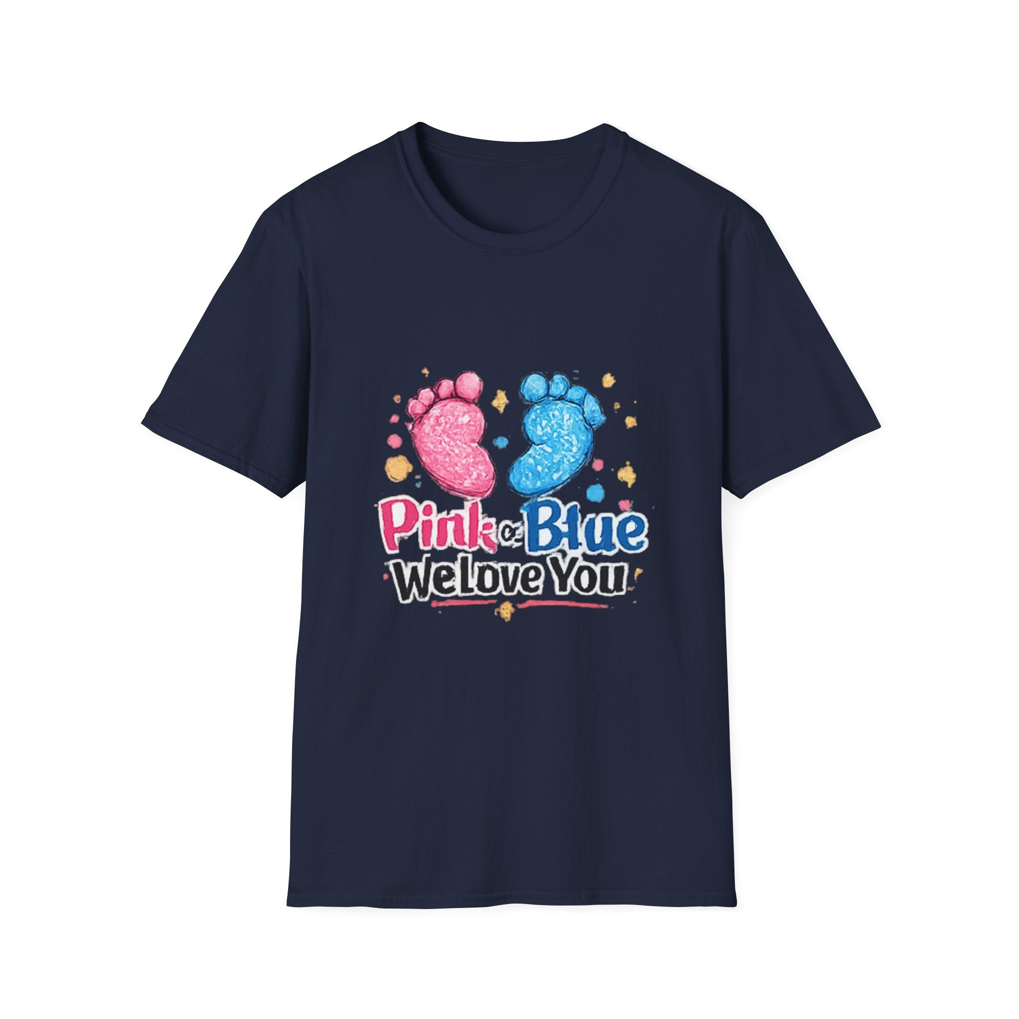 Gender Reveal Baby Footprint T-Shirt — "Pink & Blue We Love You"