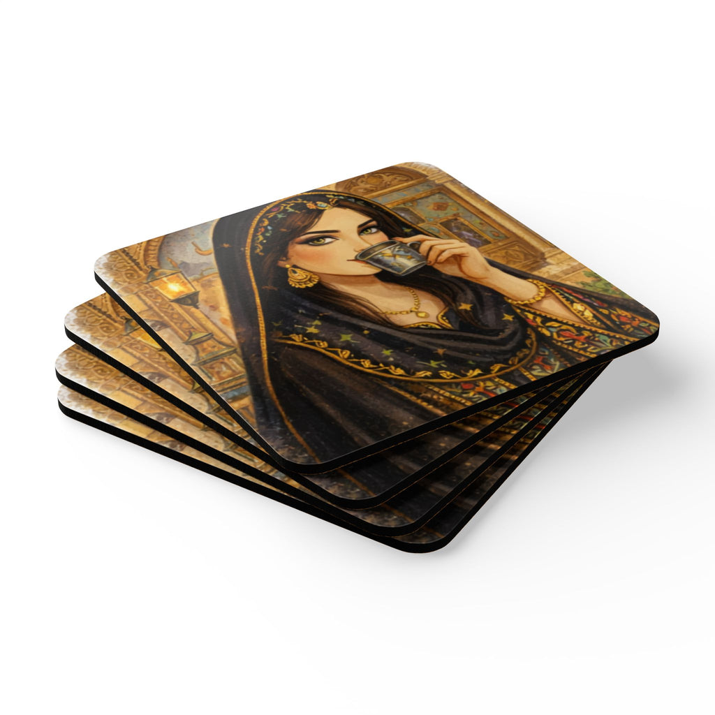 Middle Eastern Coffee Woman Cork Coaster Set — Decorative Drink Coasters